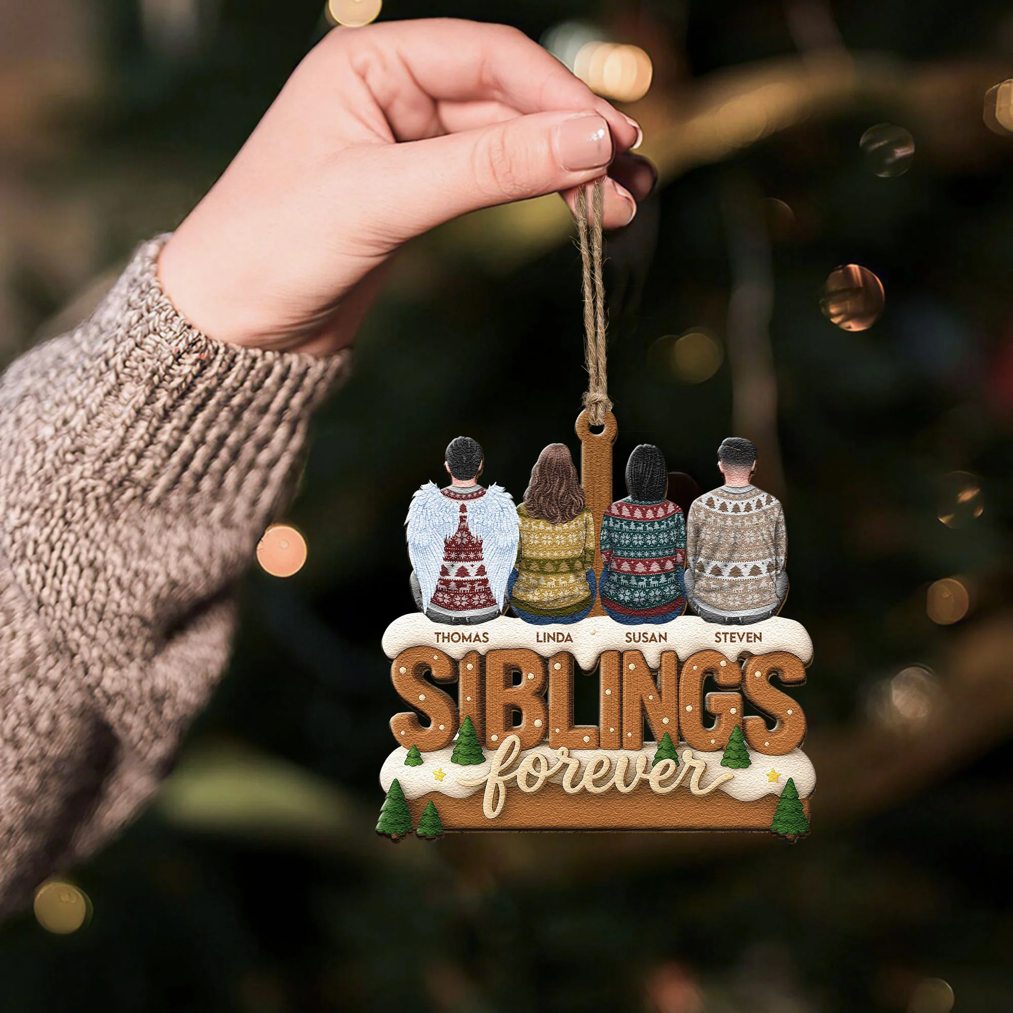 2D Flat Ornament Siblings Forever - Family Sitting Together - Personalized Wooden Ornament - Image 4