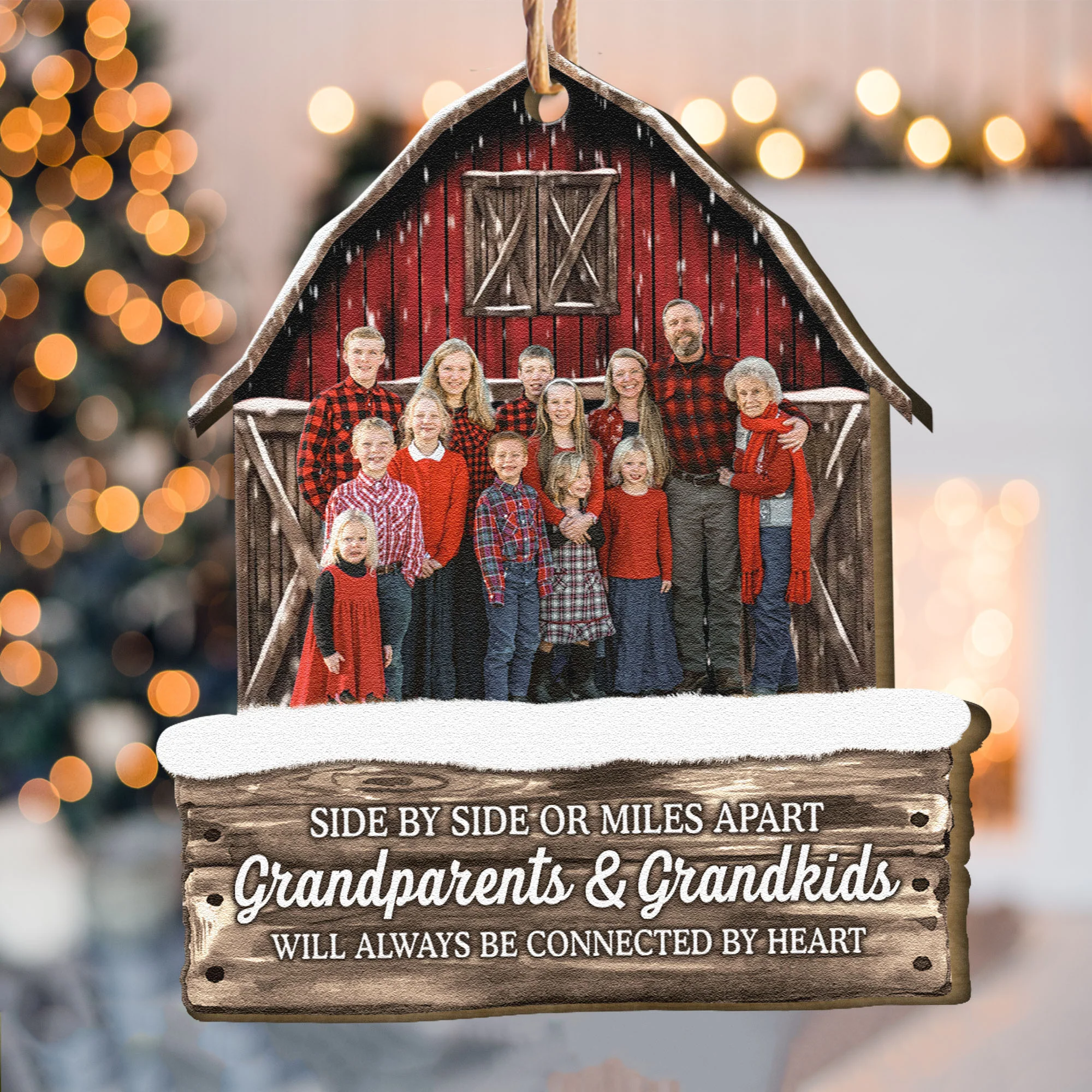 Side By Side Or Miles Apart Grandparents Grandkids Connected By Heart - Personalized Photo Wooden Ornament - Image 2