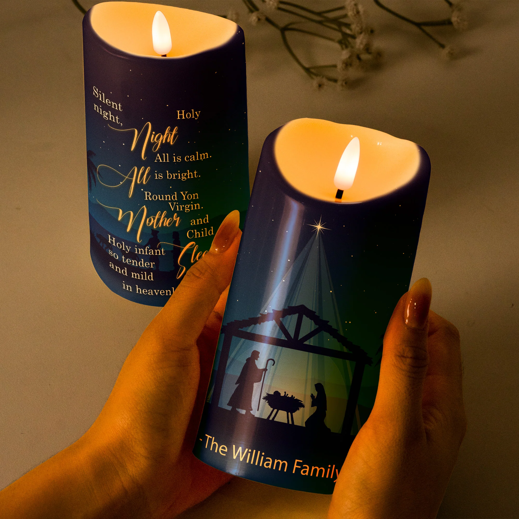Silent Night Holy Night Nativity Gift For Family - Personalized LED Candle - Image 3
