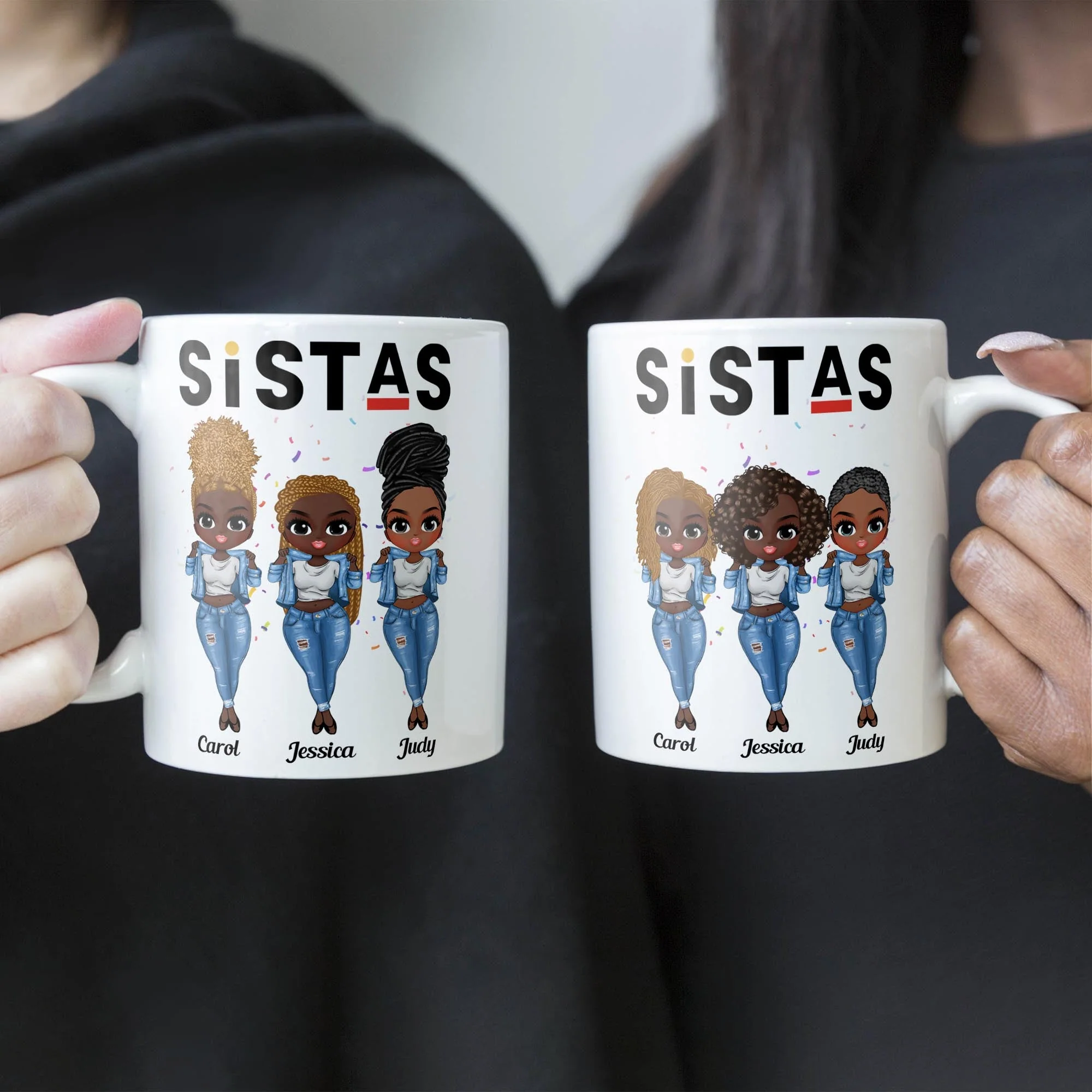 Sistas - Personalized Mug - Birthday Gift For Bestie, Best Friend, BFF, Sista, Colleague - Denim Chibi Girl - Image 3