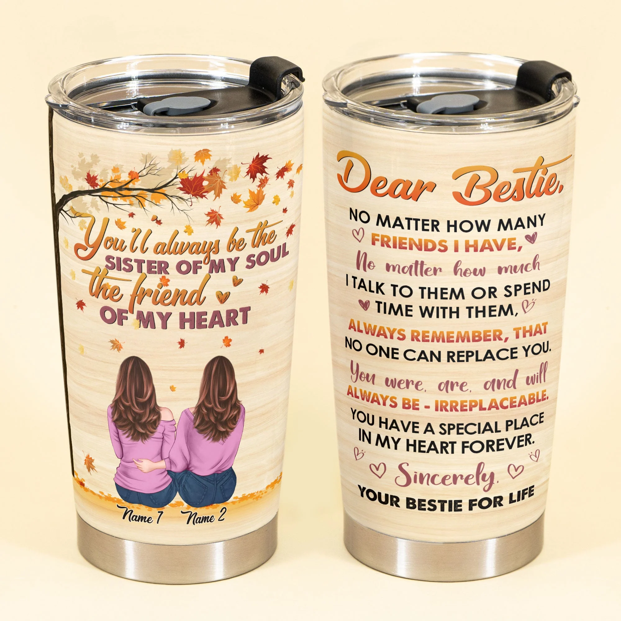 Sister Of My Soul - Personalized Tumbler Cup - Fall Season Gift For Besties - Cozy Friends Hugging - Image 2