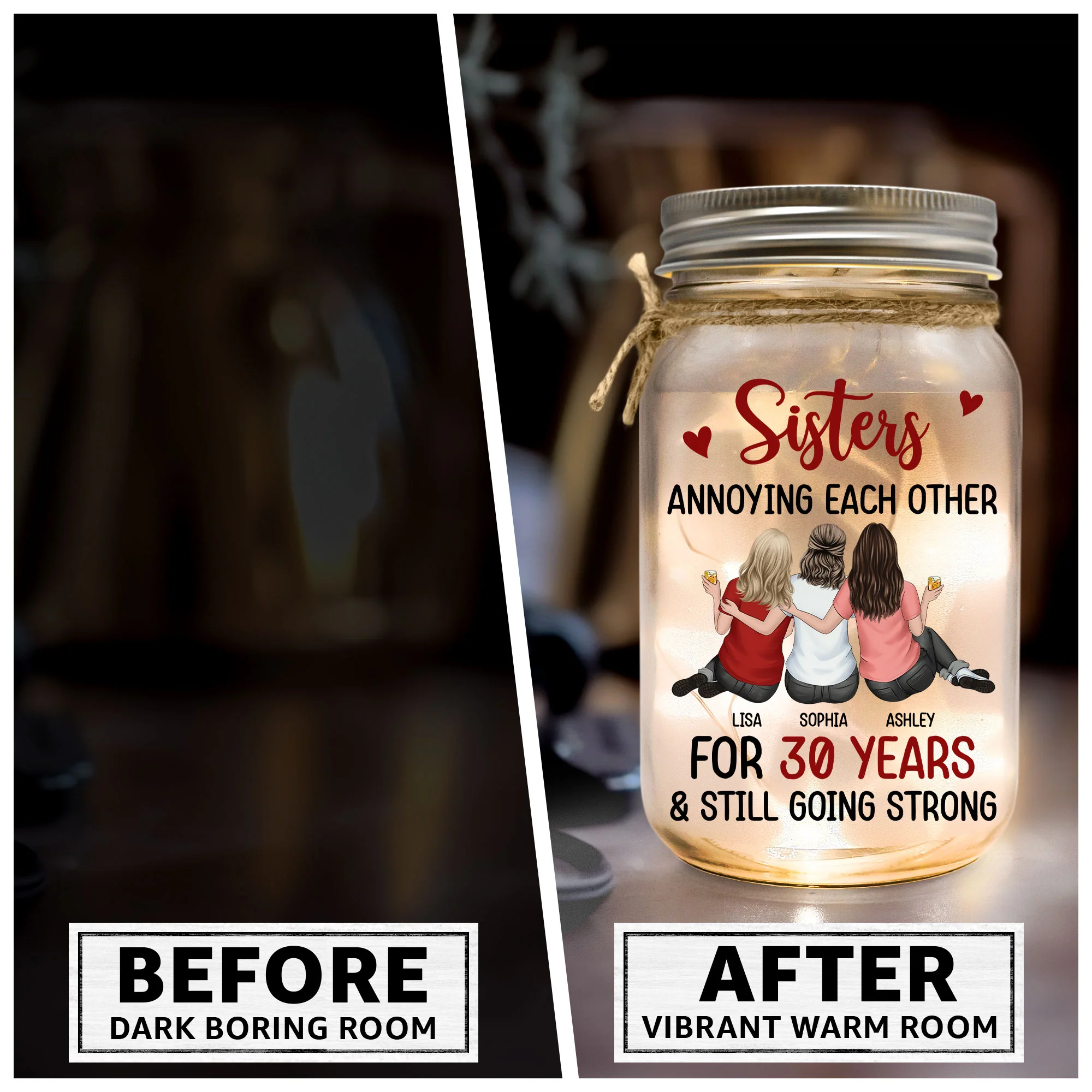 Sisters - Annoying Each Other & Still Going Strong - Personalized Mason Jar Light - Image 6