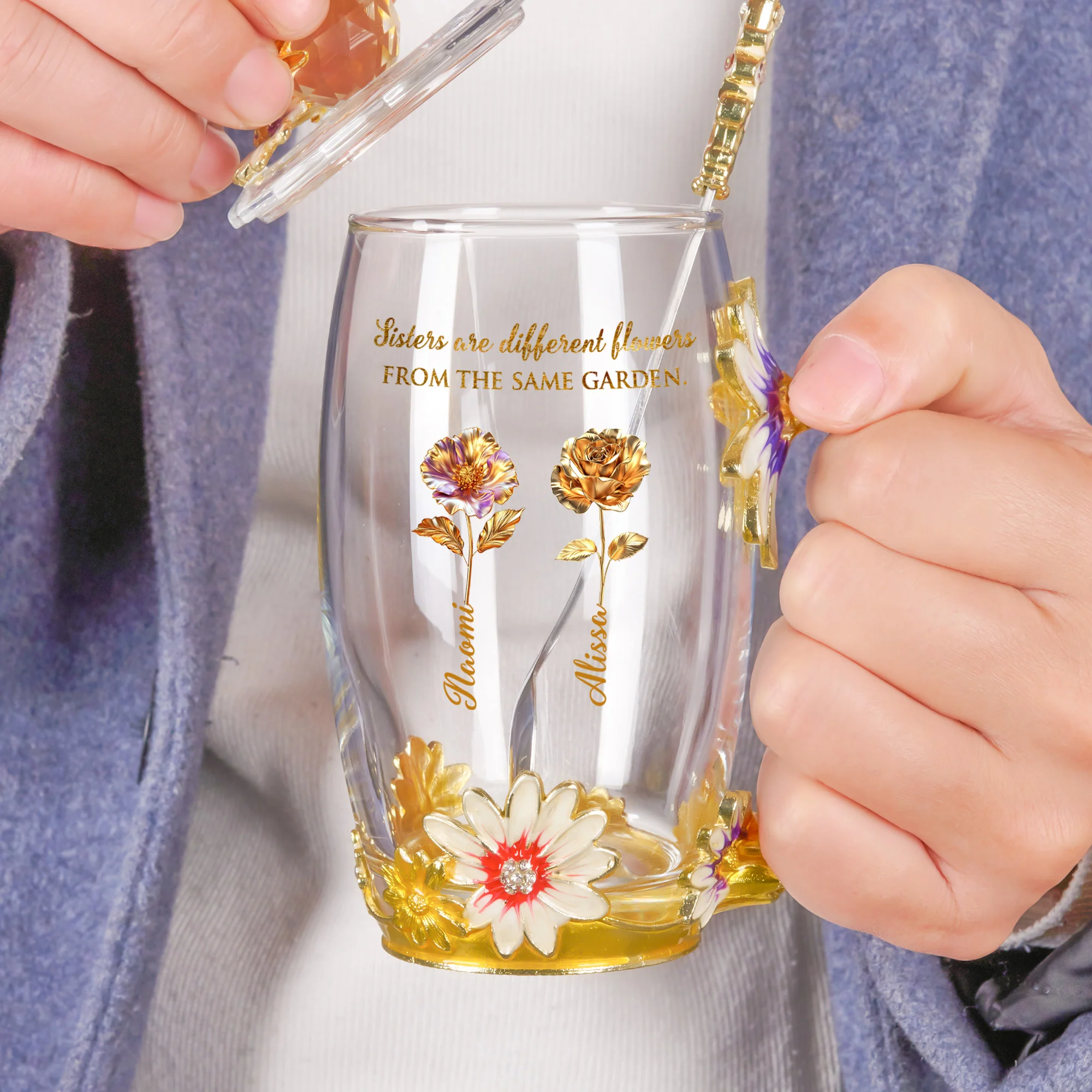 Sisters Are Different Flowers From The Same Garden Birth Flowers - Personalized Glass Cup - Image 4