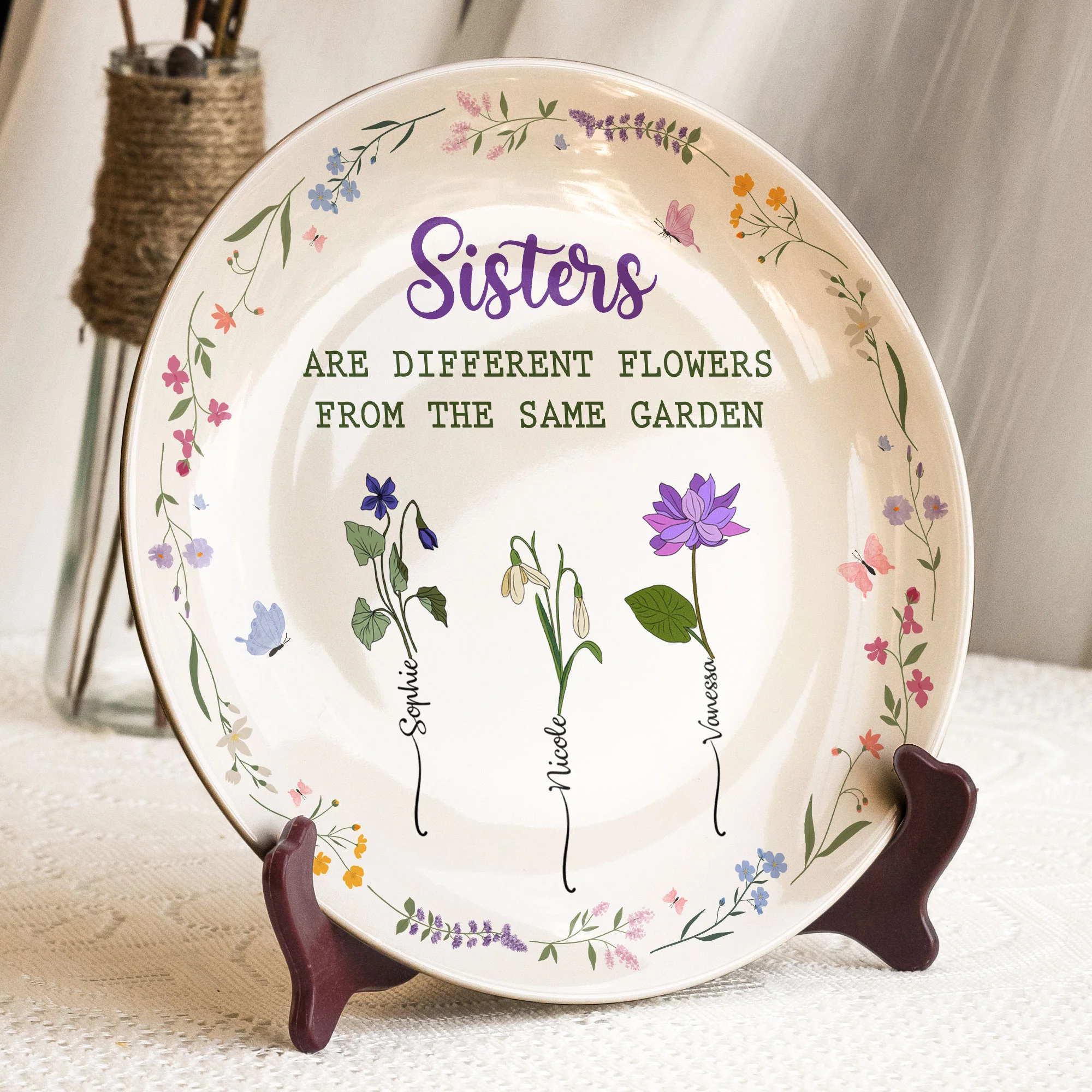 Sisters Are Different Flowers From The Same Garden - Personalized Ceramic Plate - Image 2
