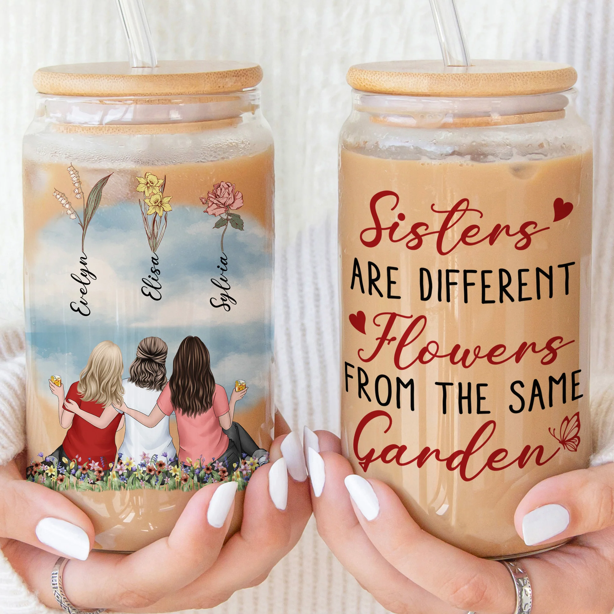Sisters Are Different Flowers From The Same Garden - Personalized Clear Glass Cup - Image 3