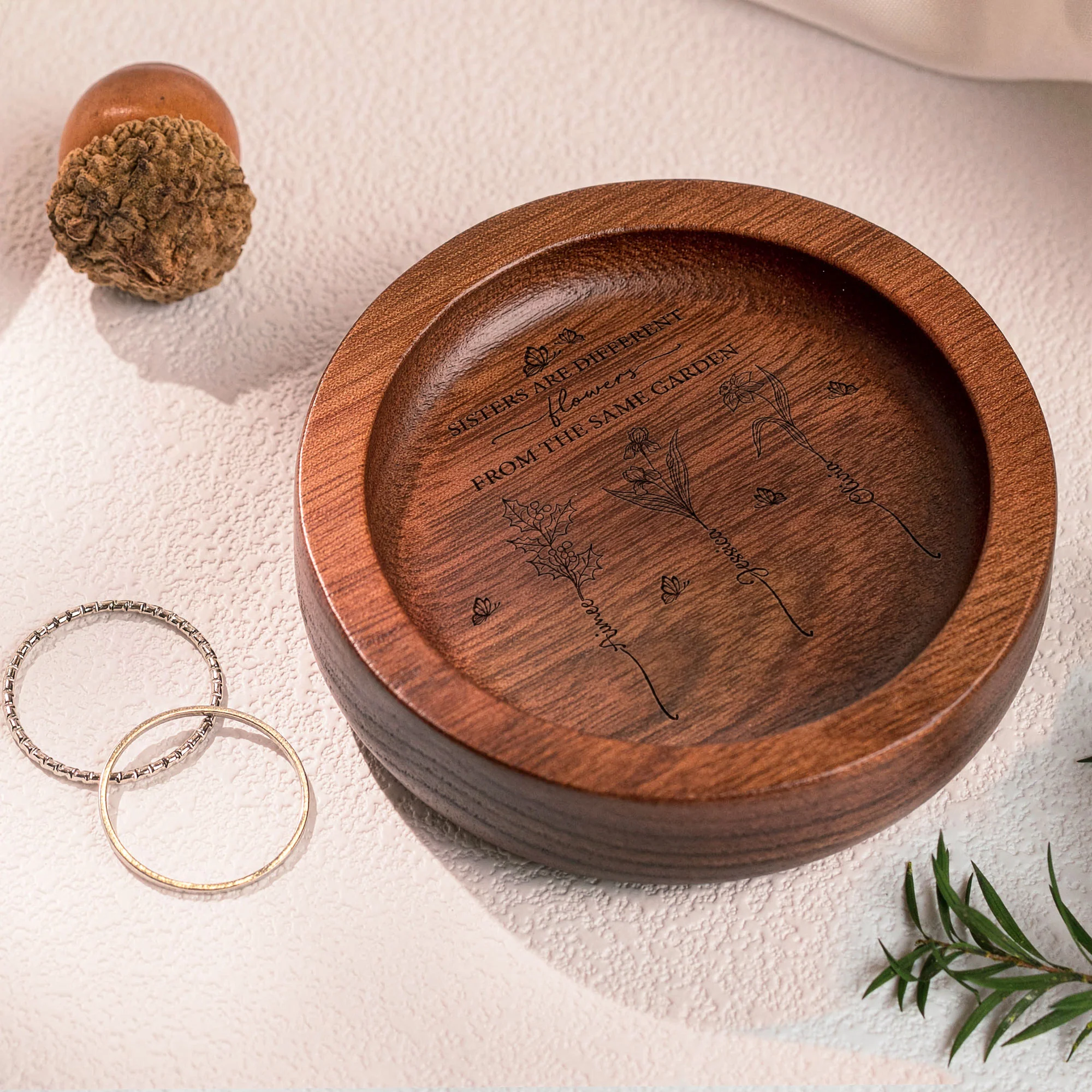 Sisters Are Different Flowers From The Same Garden - Personalized Wood Ring Dish - Image 4