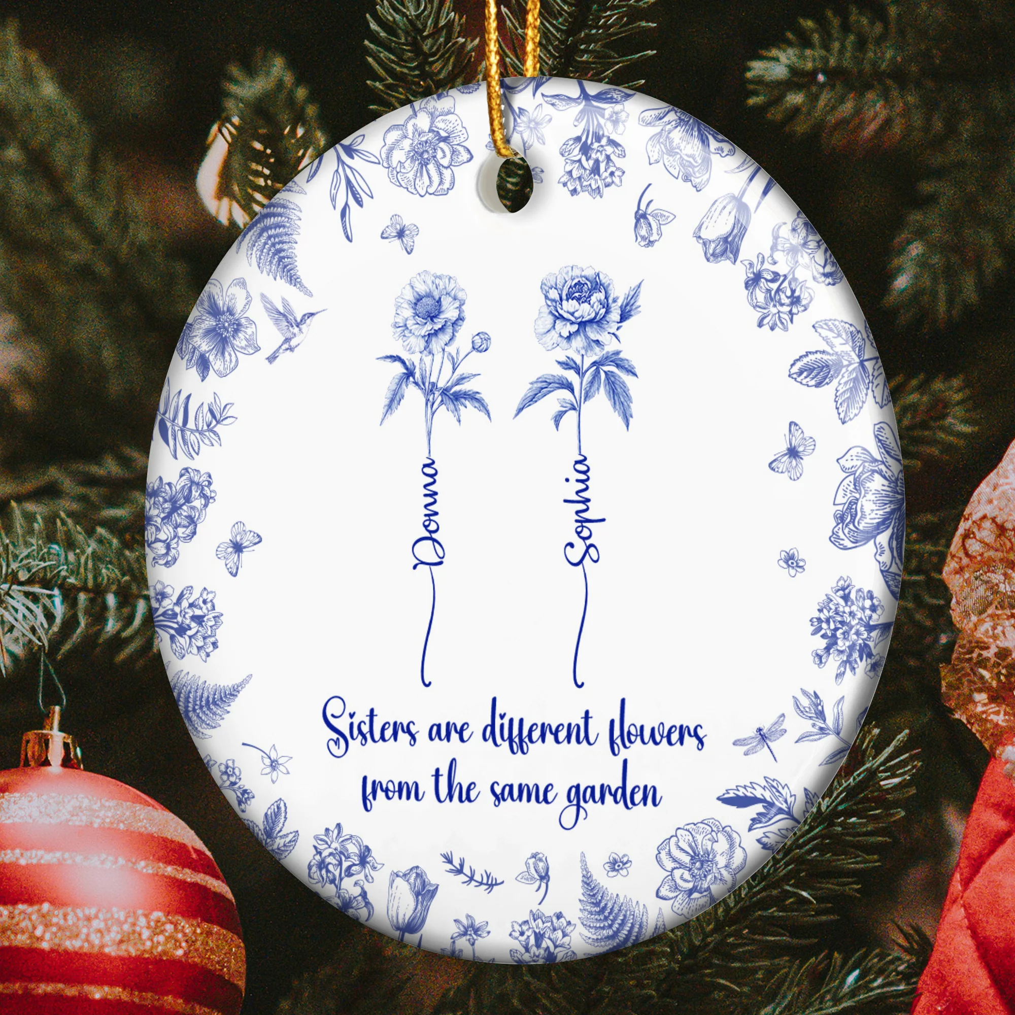 Sisters Are Different Flowers From The Same Garden Toile De Jouy - Personalized Ceramic Ornament - Image 2