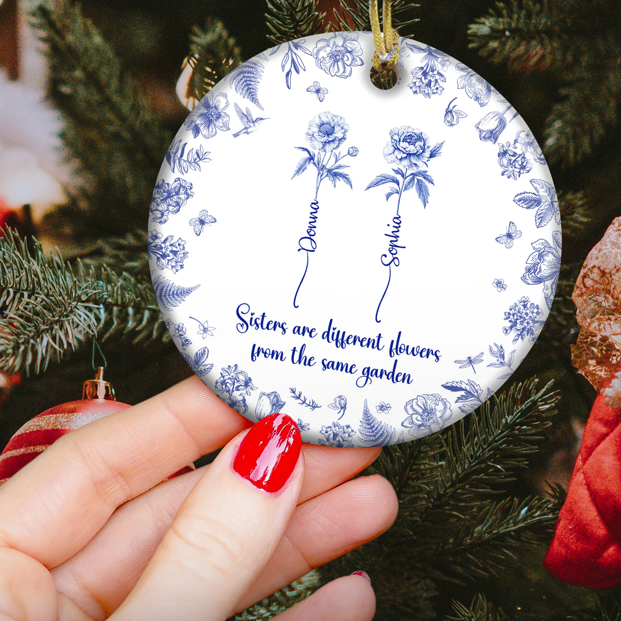Sisters Are Different Flowers From The Same Garden Toile De Jouy - Personalized Ceramic Ornament - Image 3