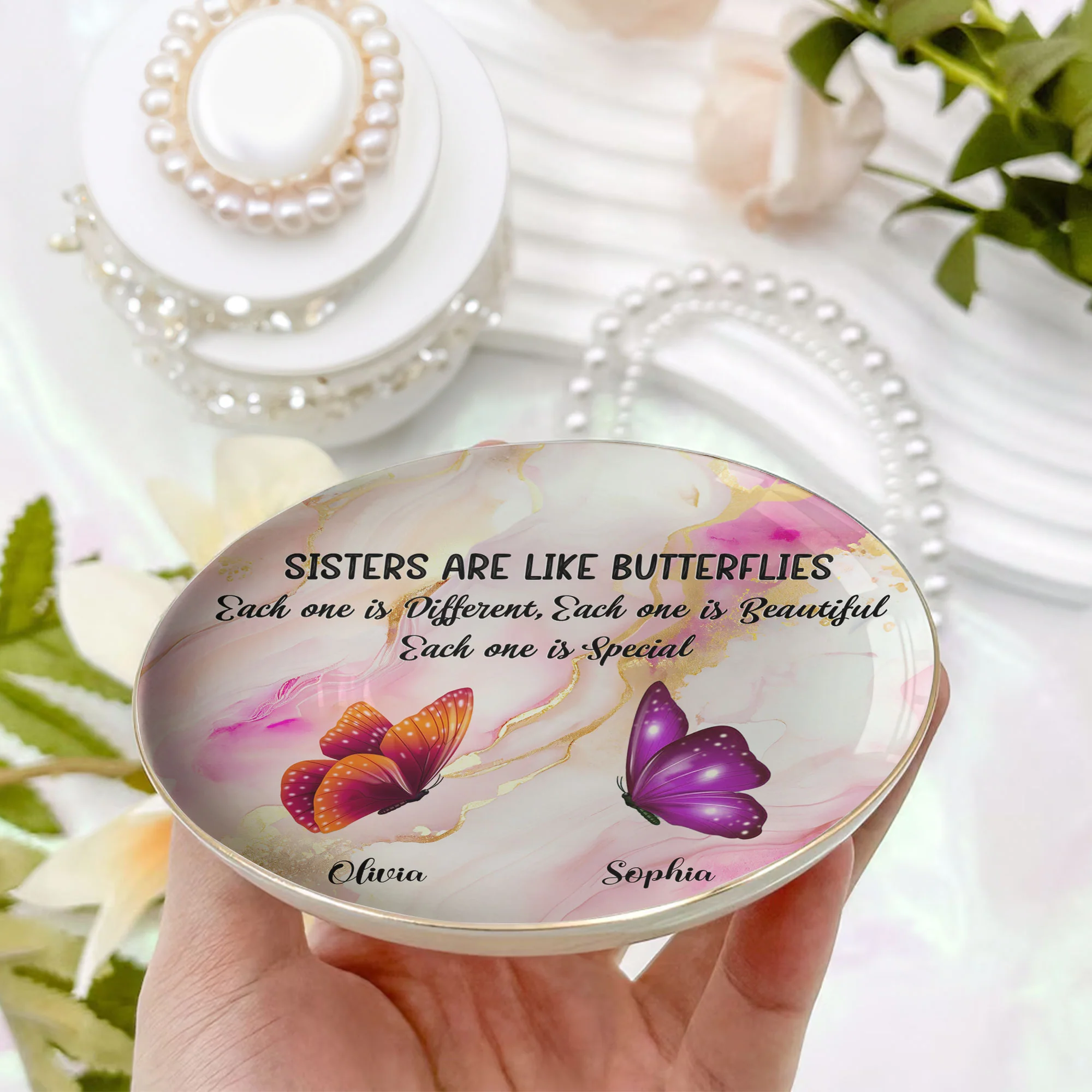 Sisters Are Like Butterflies Marble Version - Personalized Jewelry Dish - Image 2