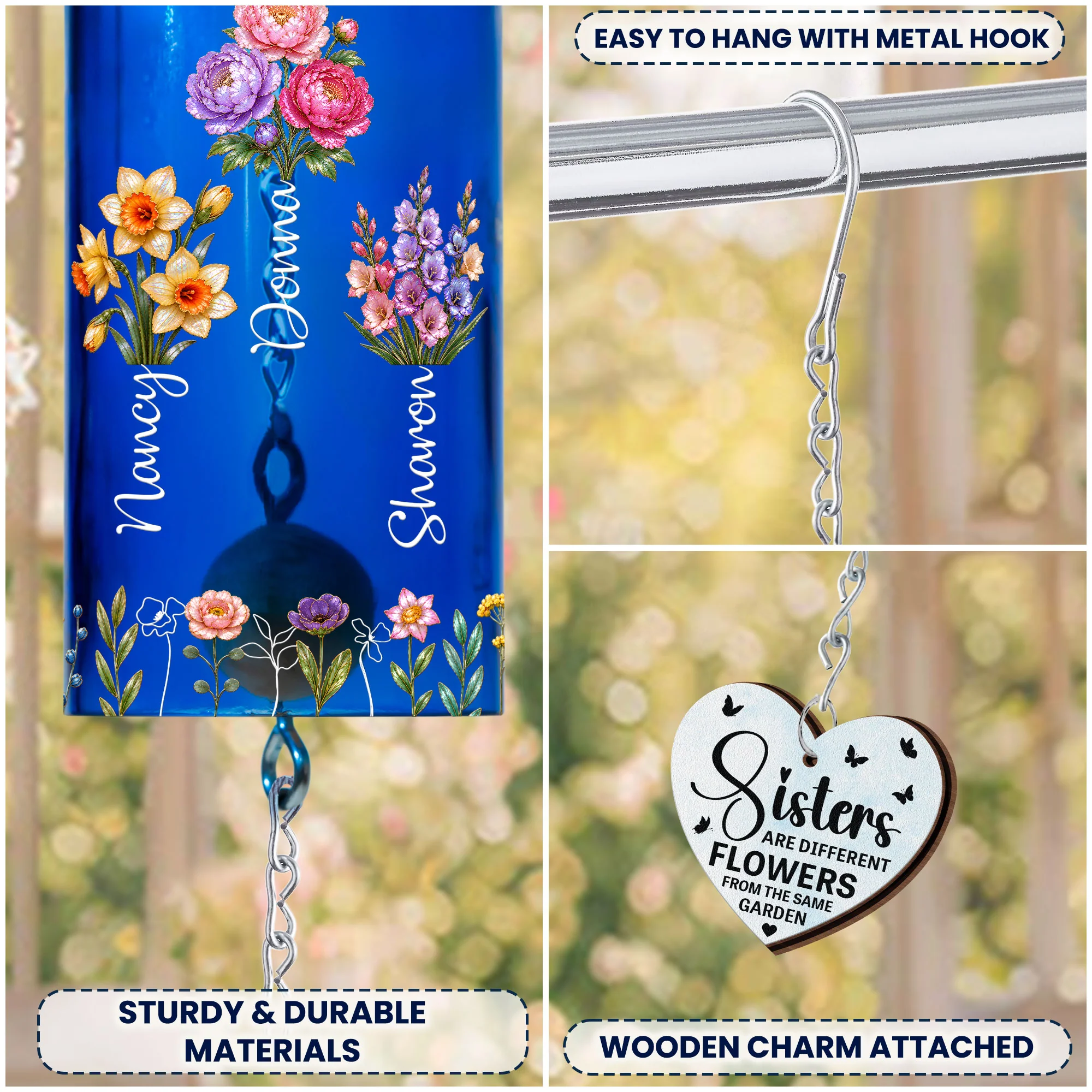 Sisters Different Flowers From The Same Garden Mother Of Pearl Style - Personalized Wind Chime - Image 5