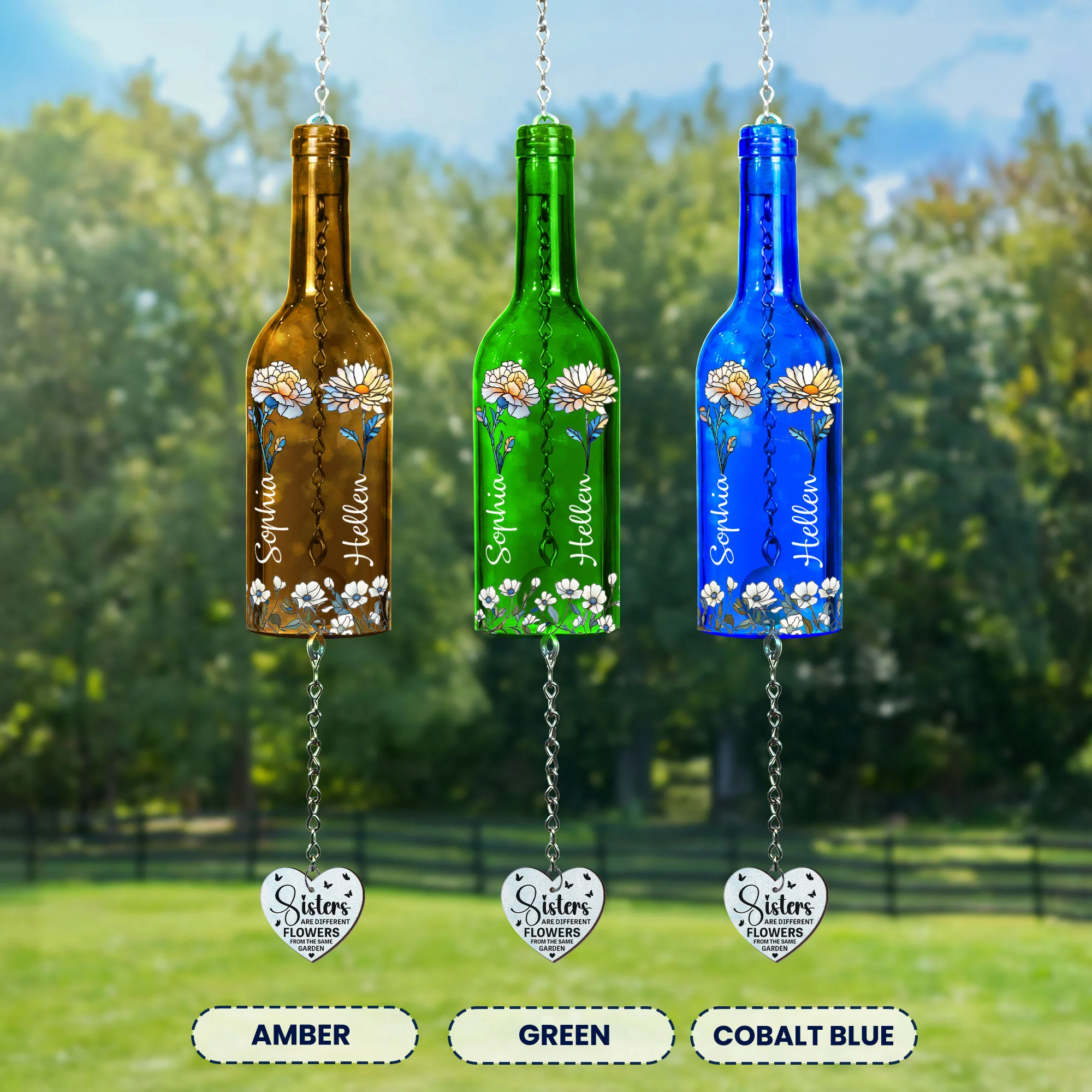 Sisters Different Flowers From The Same Garden - Personalized Wine Bottle Wind Chime - Image 2