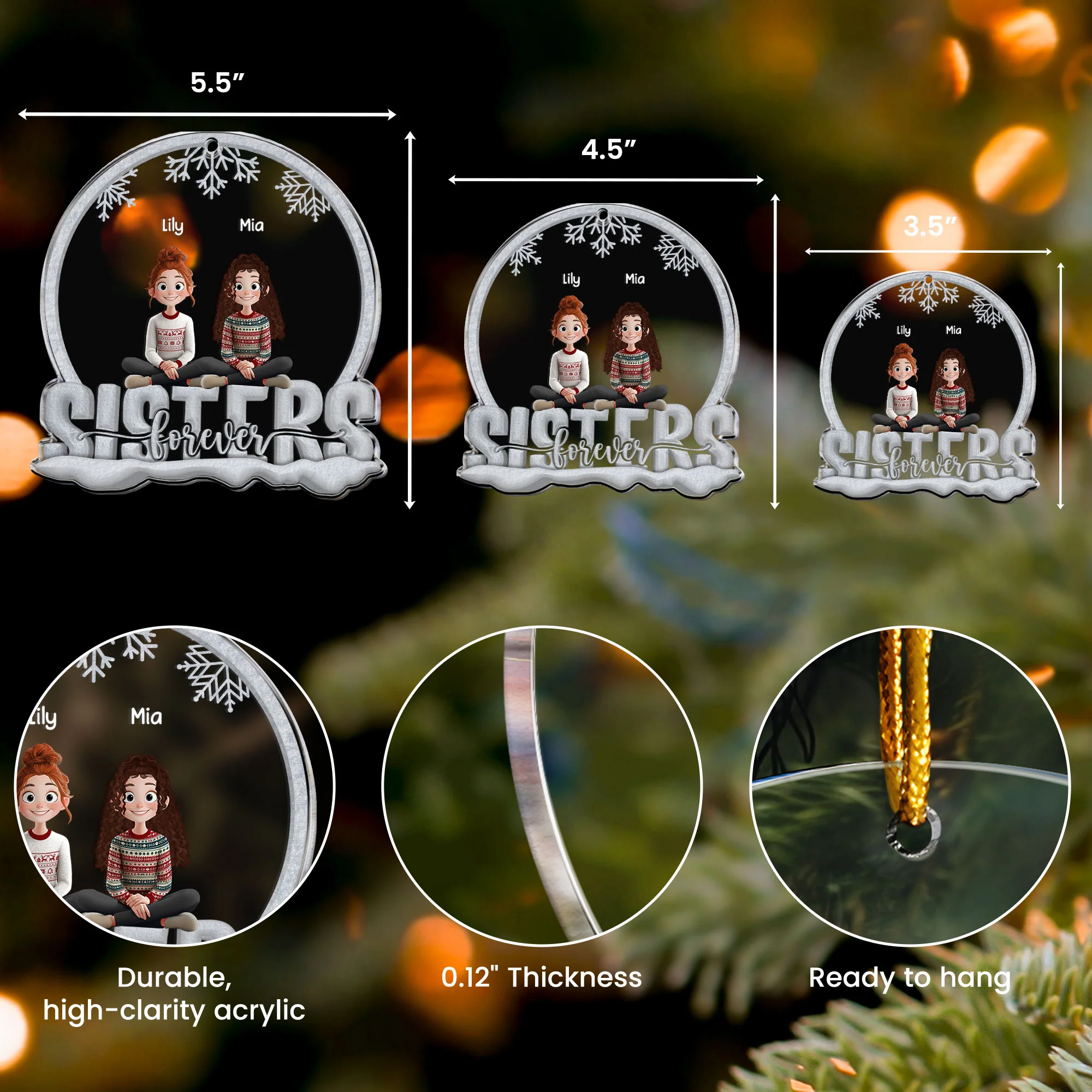 Sisters Forever - 3D Style - Personalized Acrylic Ornament - Image 5