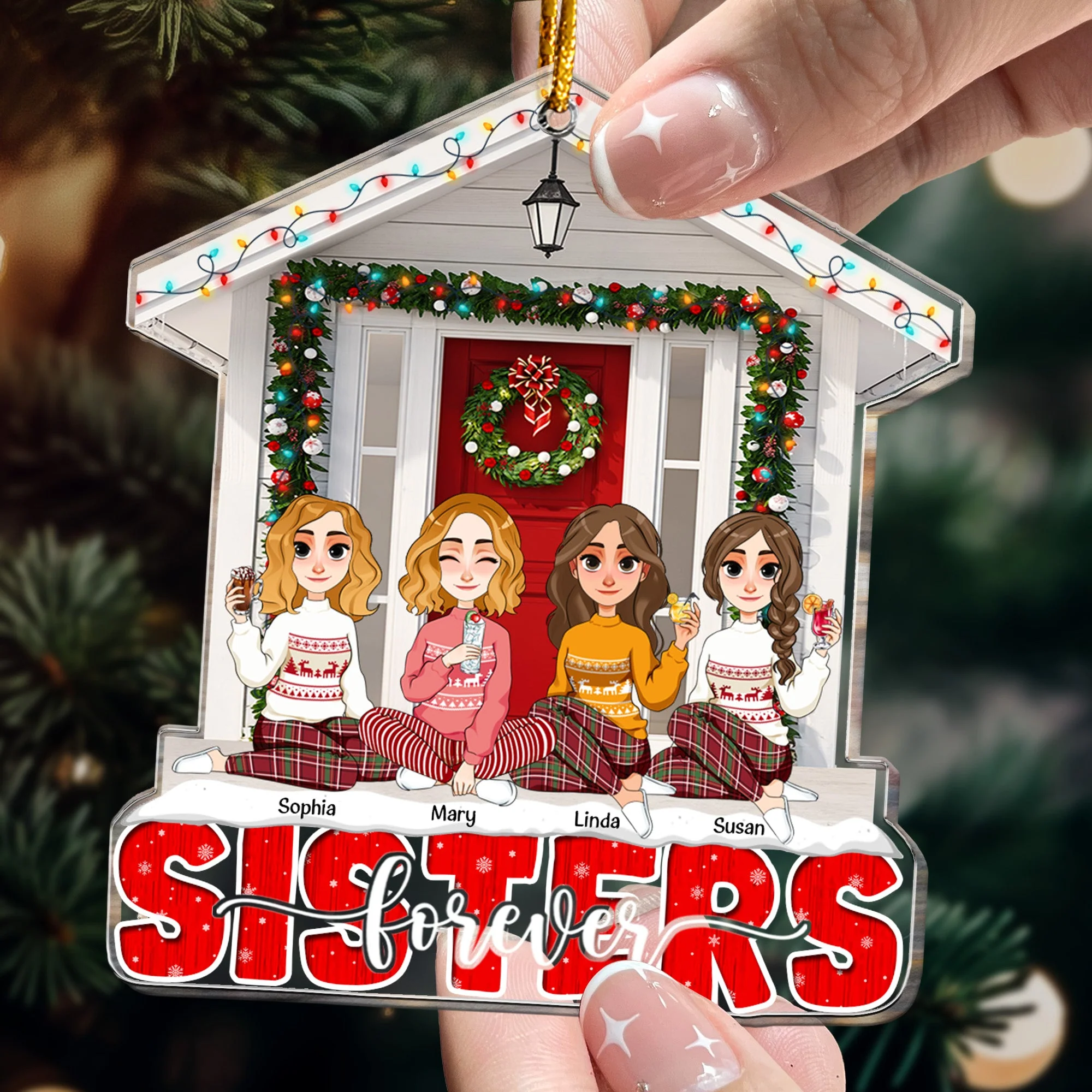 Sisters Forever Friends Red Christmas - Personalized Acrylic Ornament - Image 2