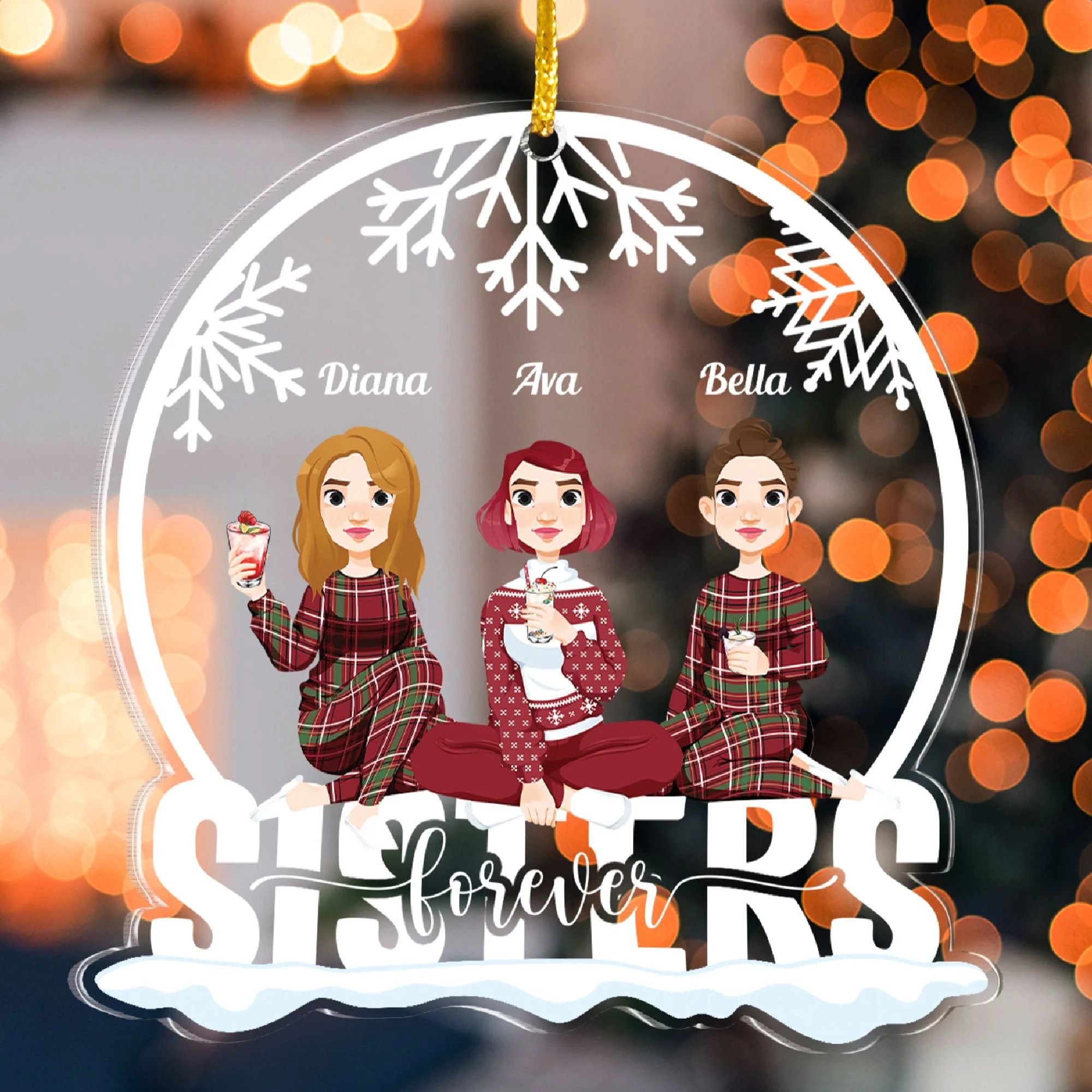 Sisters Forever (New Version) - Personalized Snow Globe Shaped Acrylic Ornament - Image 4