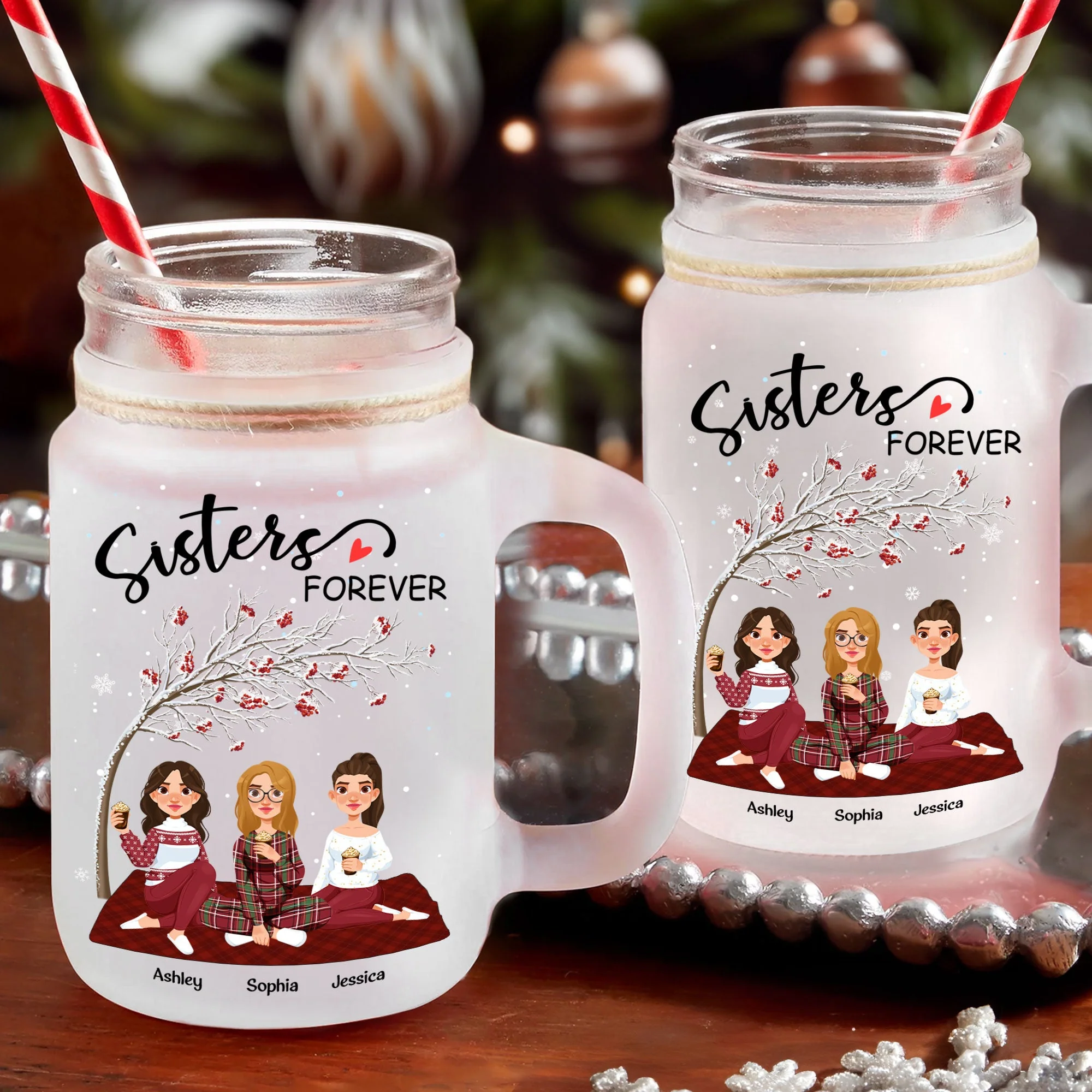 Sisters Forever - Red Tree - Personalized Mason Jar Cup With Straw - Image 3