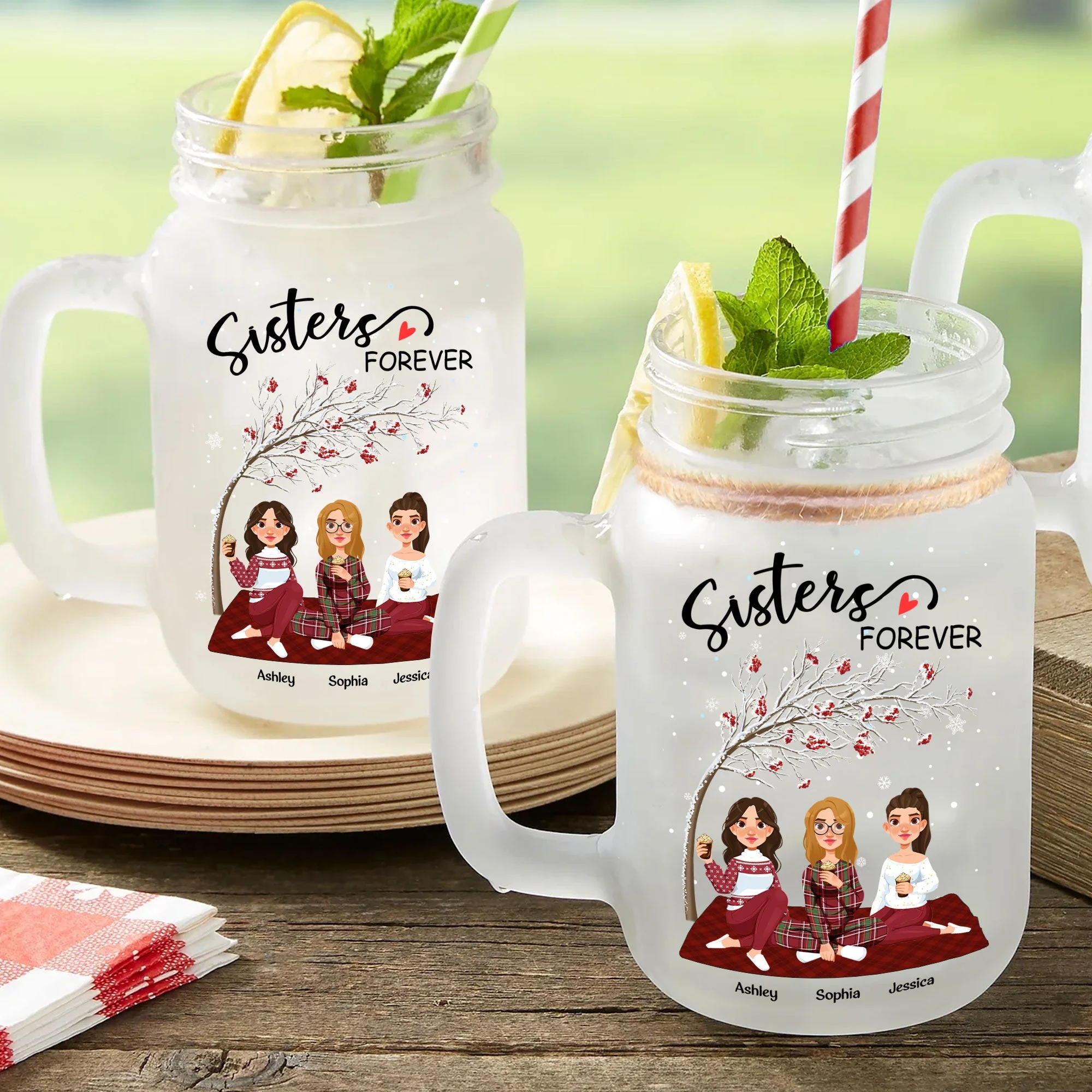 Sisters Forever - Red Tree - Personalized Mason Jar Cup With Straw - Image 4