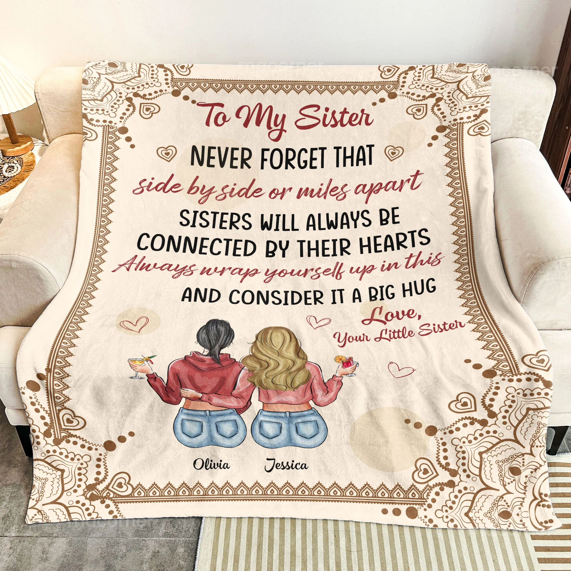 Sisters Will Always Be Connected By Their Hearts - Personalized Blanket - Image 3