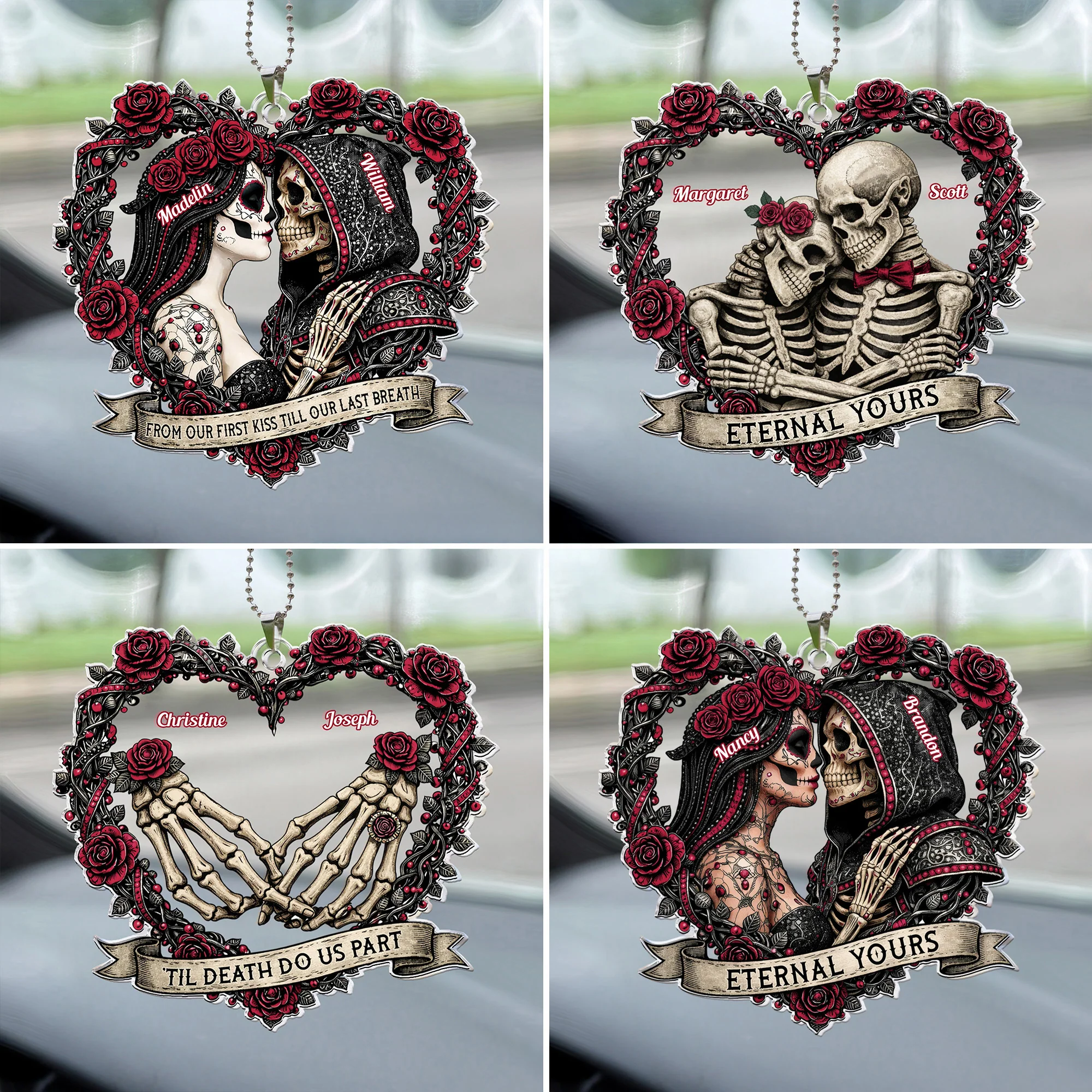 Skull Couple Spooky Skeleton Style ’Til Death Do Us Part - Personalized Rear View Mirror Accessory - Image 2