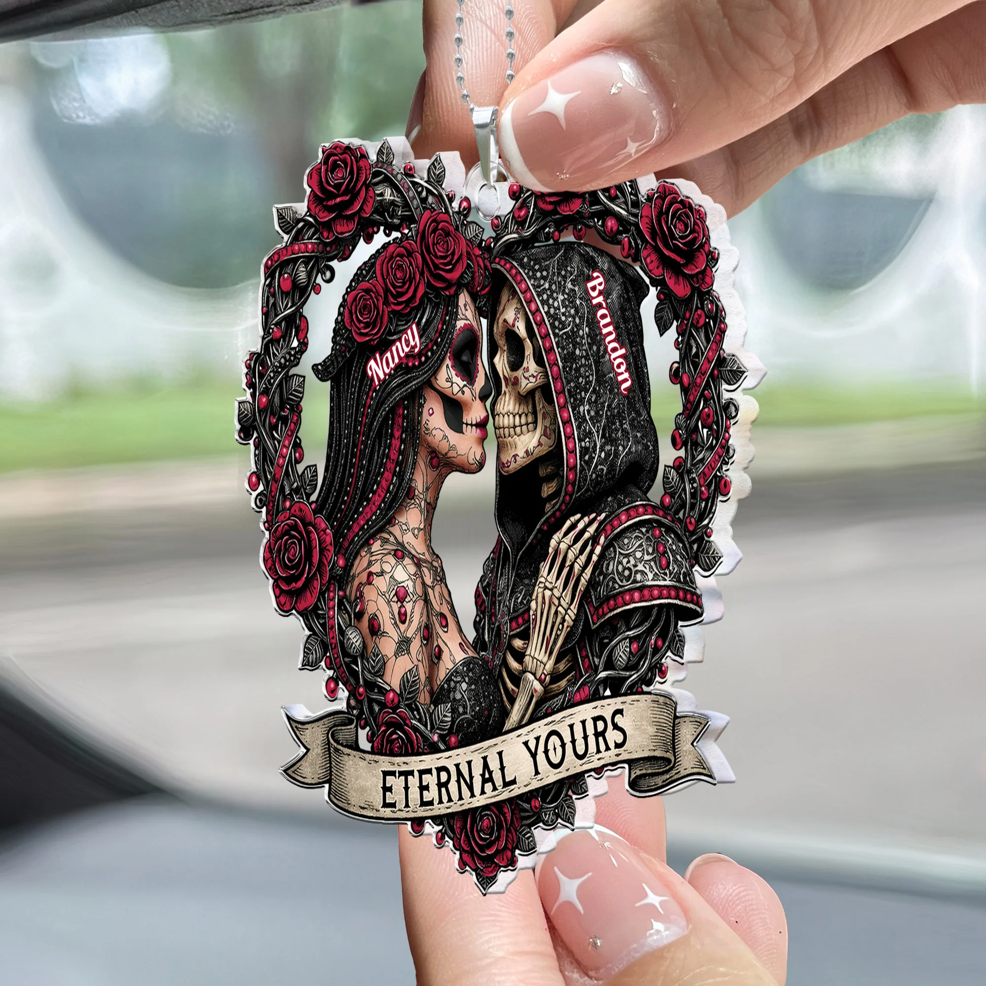 Skull Couple Spooky Skeleton Style ’Til Death Do Us Part - Personalized Rear View Mirror Accessory - Image 5