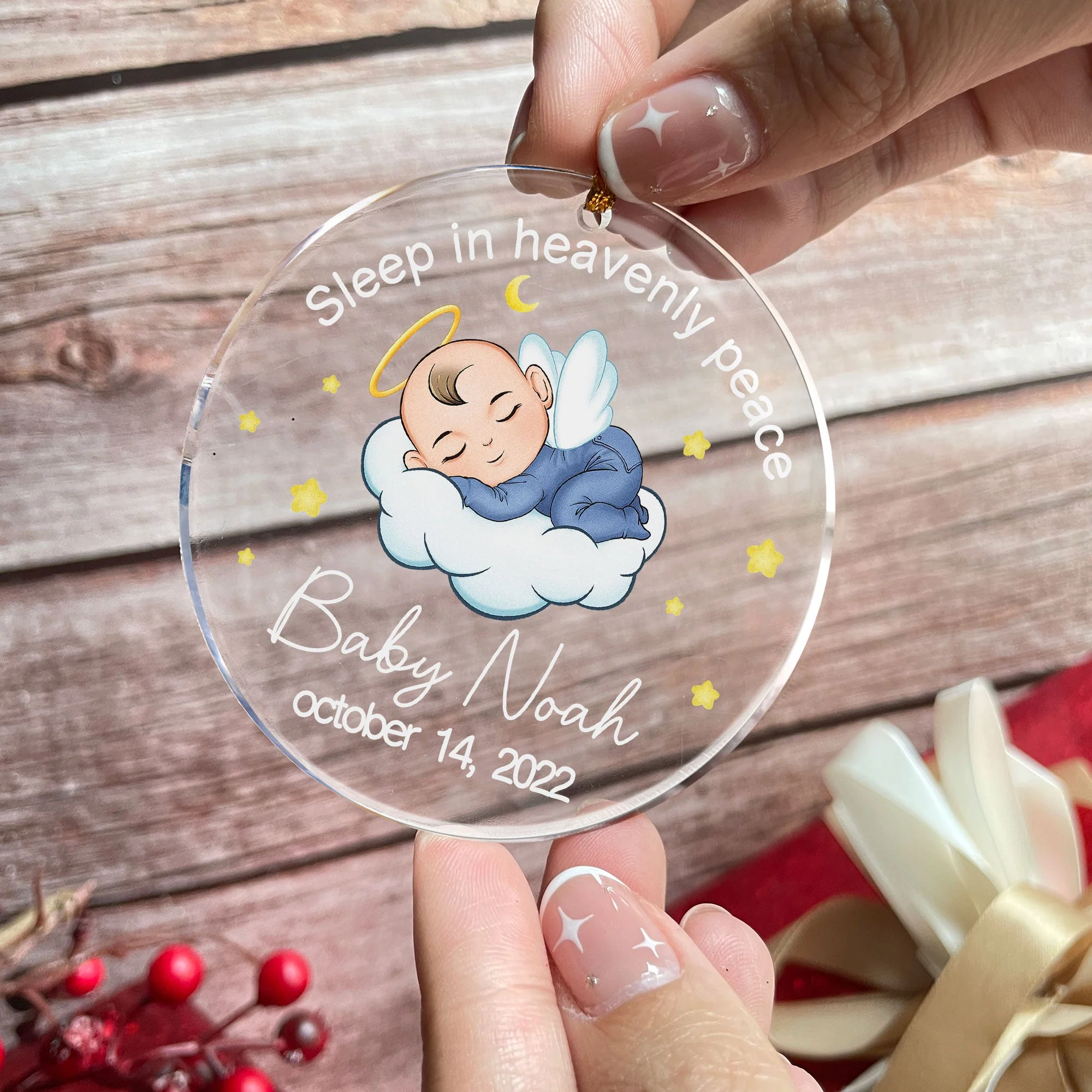 Sleep In Heavenly Peace,  Angel Baby - Personalized Circle Acrylic Ornament - Image 2