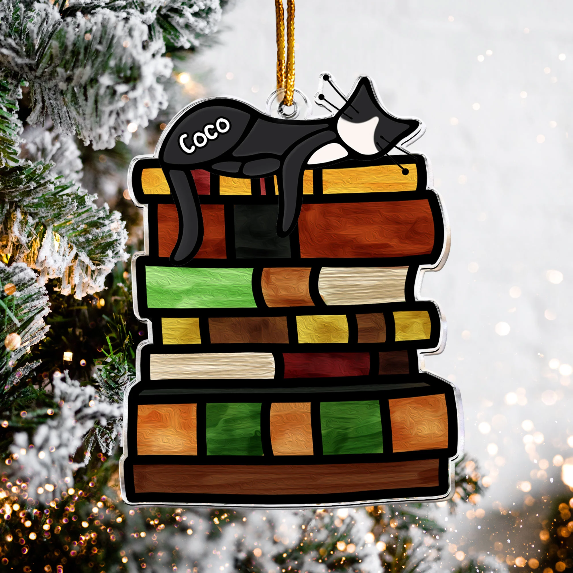Sleeping Cat On Books - Personalized Acrylic Ornament - Image 2