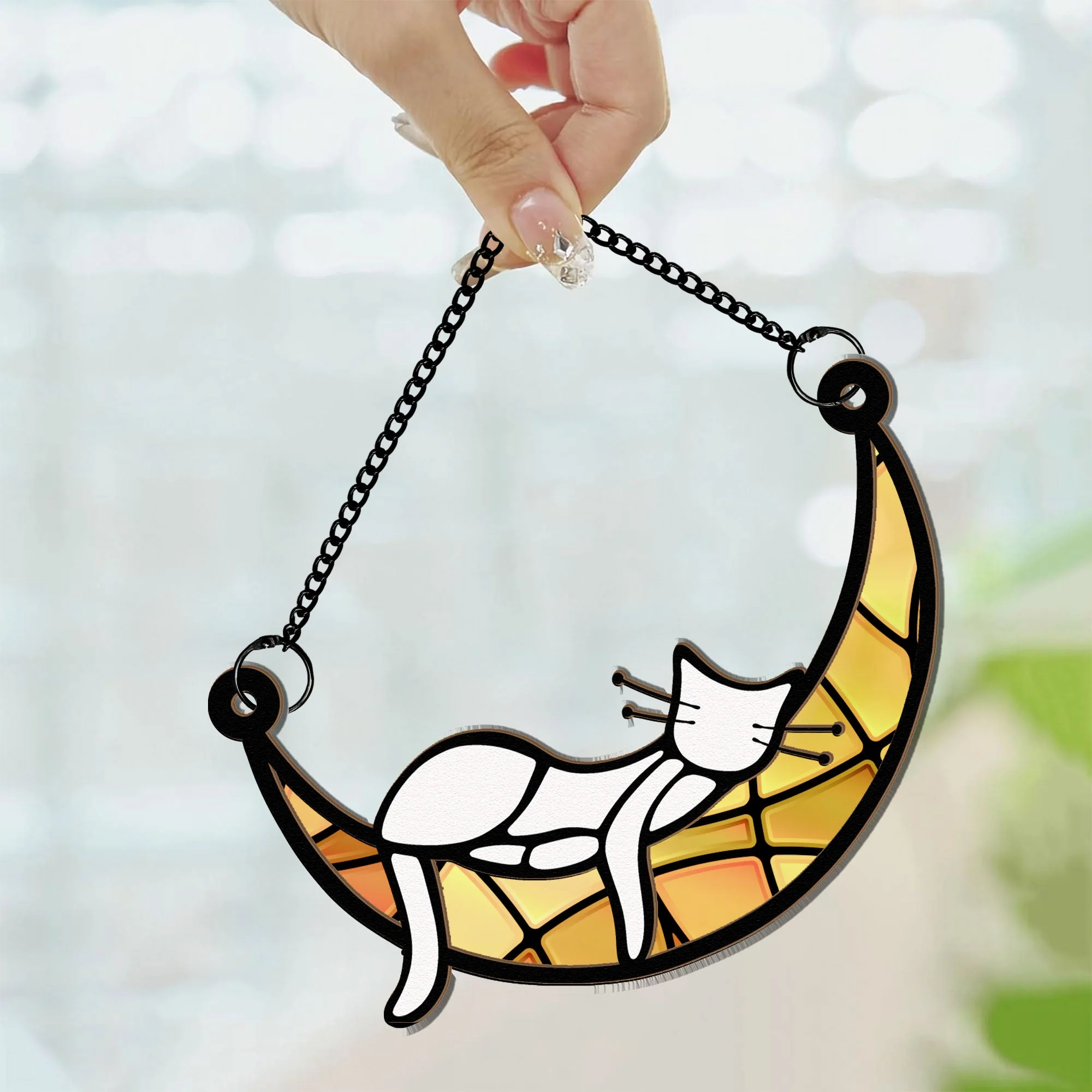Sleeping Cat On Moon - Personalized Window Hanging Suncatcher Ornament - Image 4