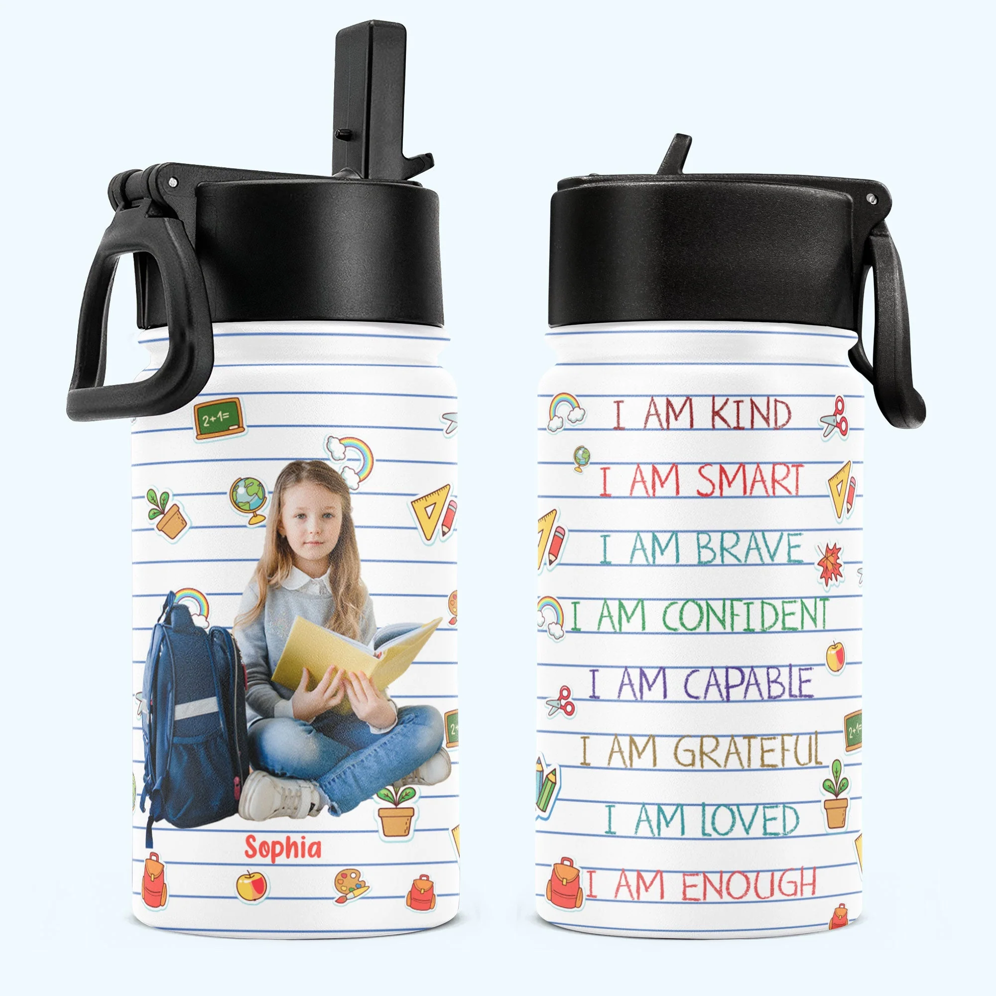 Smart Kind & Brave - Personalized Kids Photo Water Bottle With Straw Lid - Image 2