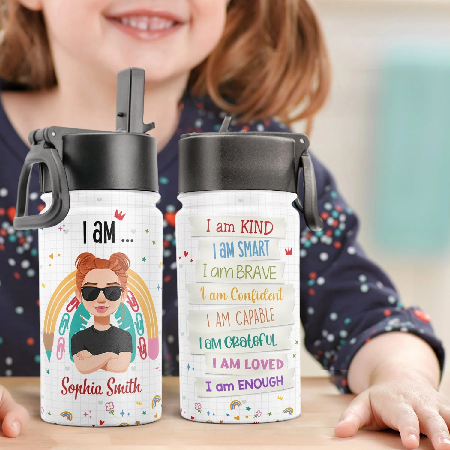 Smart Loved Brave - Personalized Kids Water Bottle With Straw Lid - Image 2