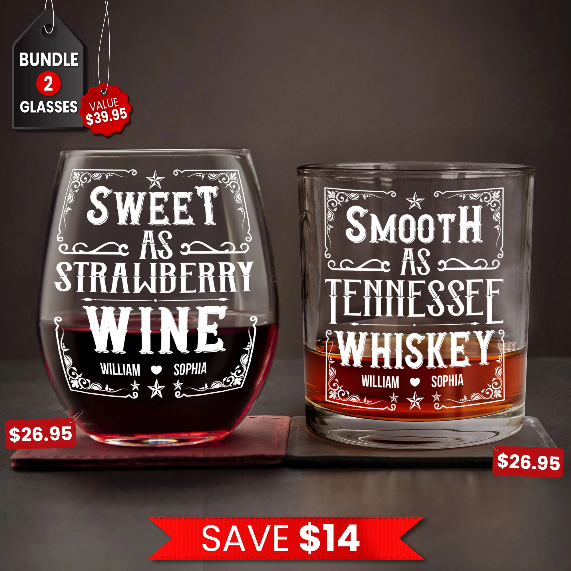 Smooth As Tennessee Whiskey Sweet As Strawberry Wine - Personalized Whiskey Glass And Wine Glass Set - Image 2