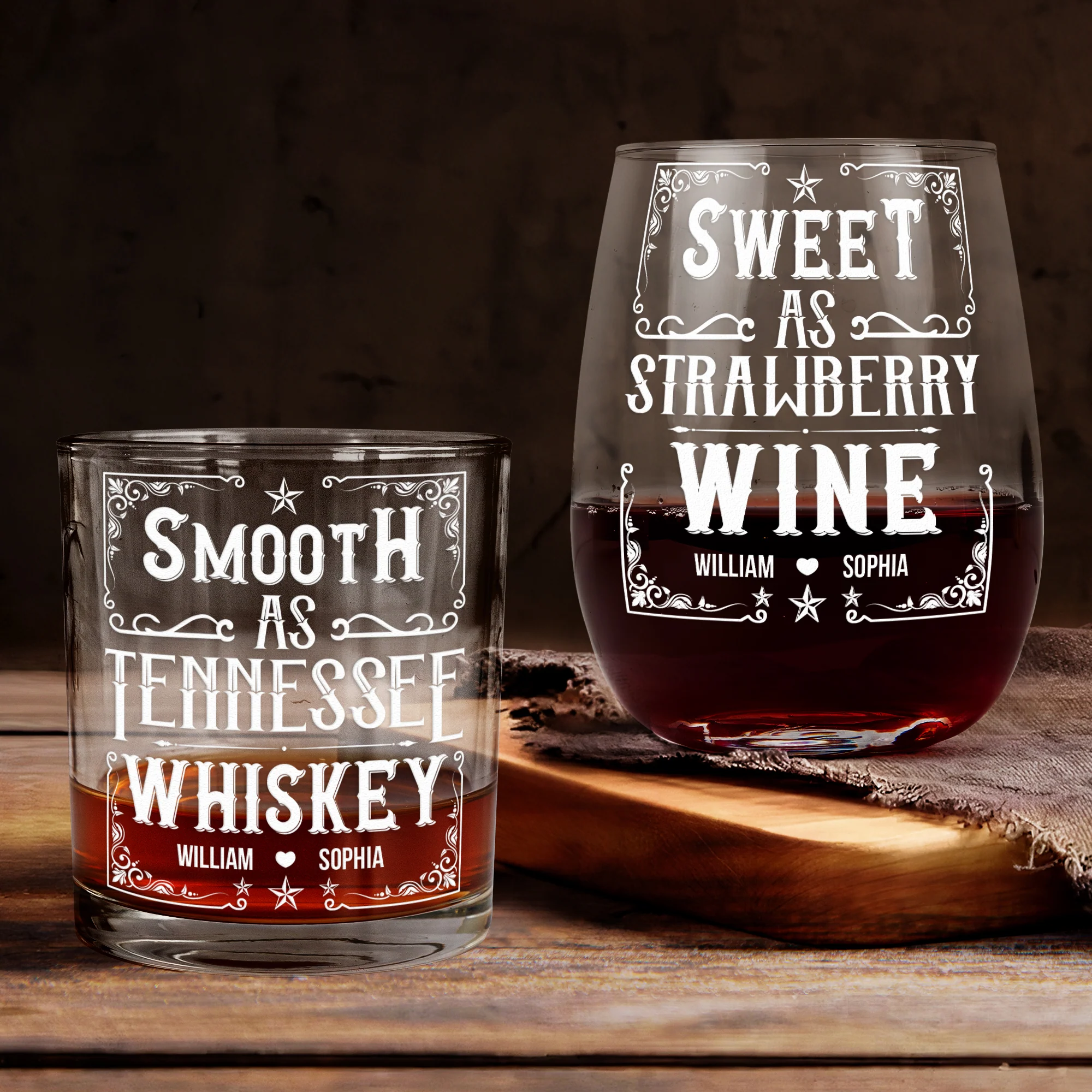 Smooth As Tennessee Whiskey Sweet As Strawberry Wine - Personalized Whiskey Glass And Wine Glass Set - Image 3