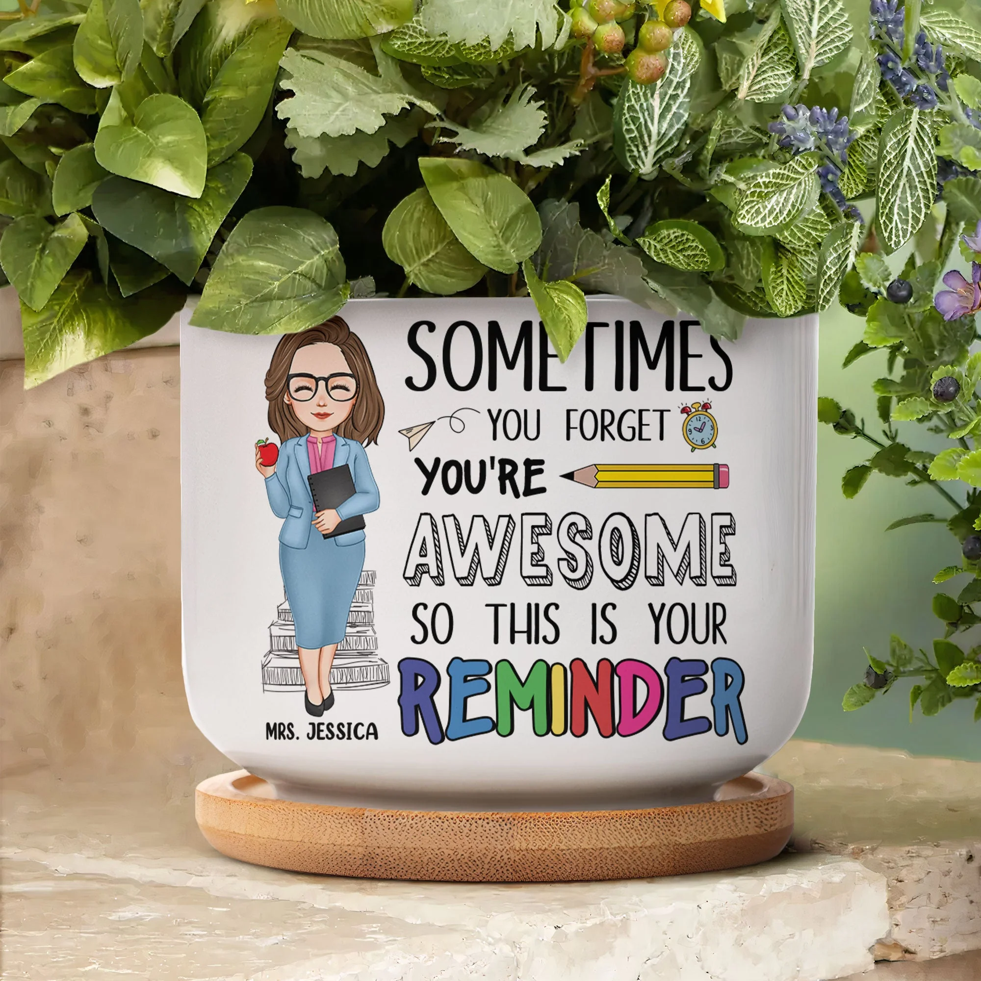 Sometimes You Forget You Are Awesome - Personalized Ceramic Plant Pot With Tray - Image 5