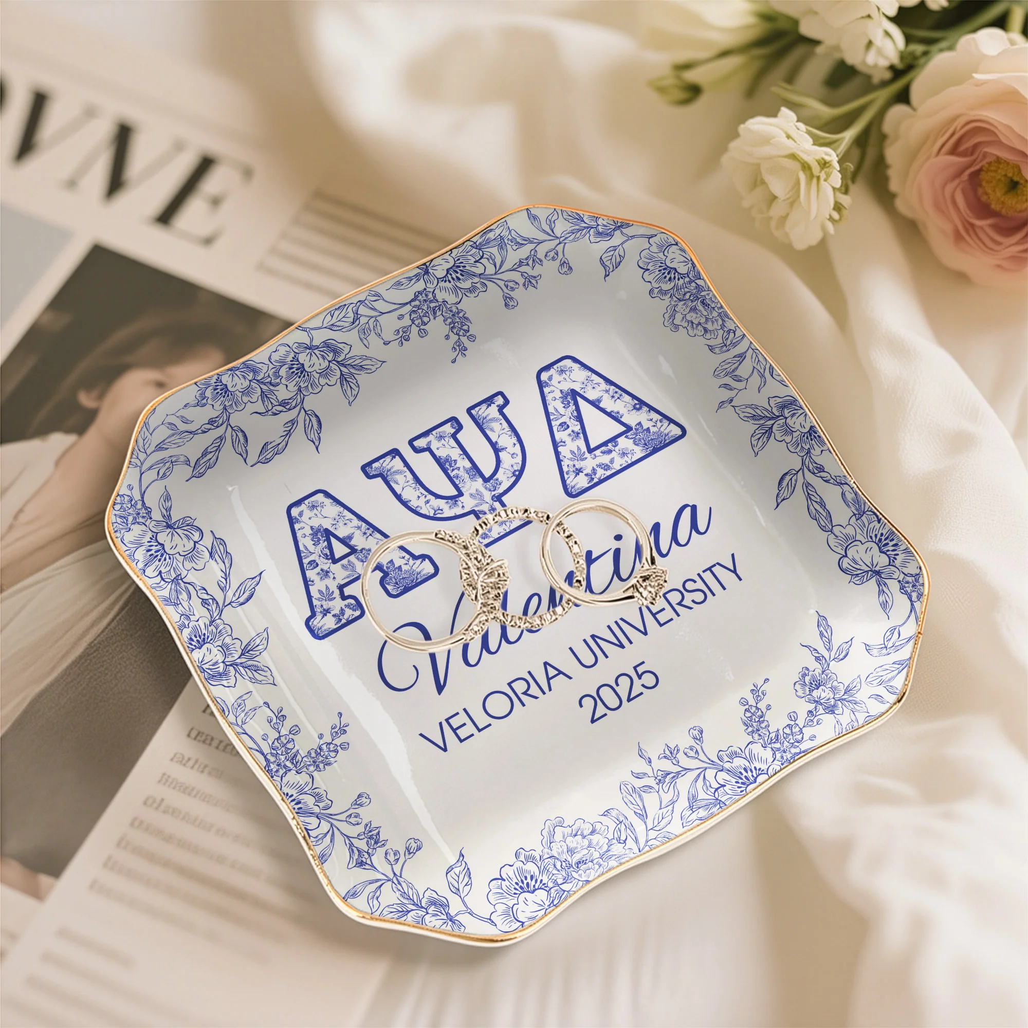 Sorority Girl Gift Custom Name Toile De Jouy - Personalized Jewelry Dish - Image 2