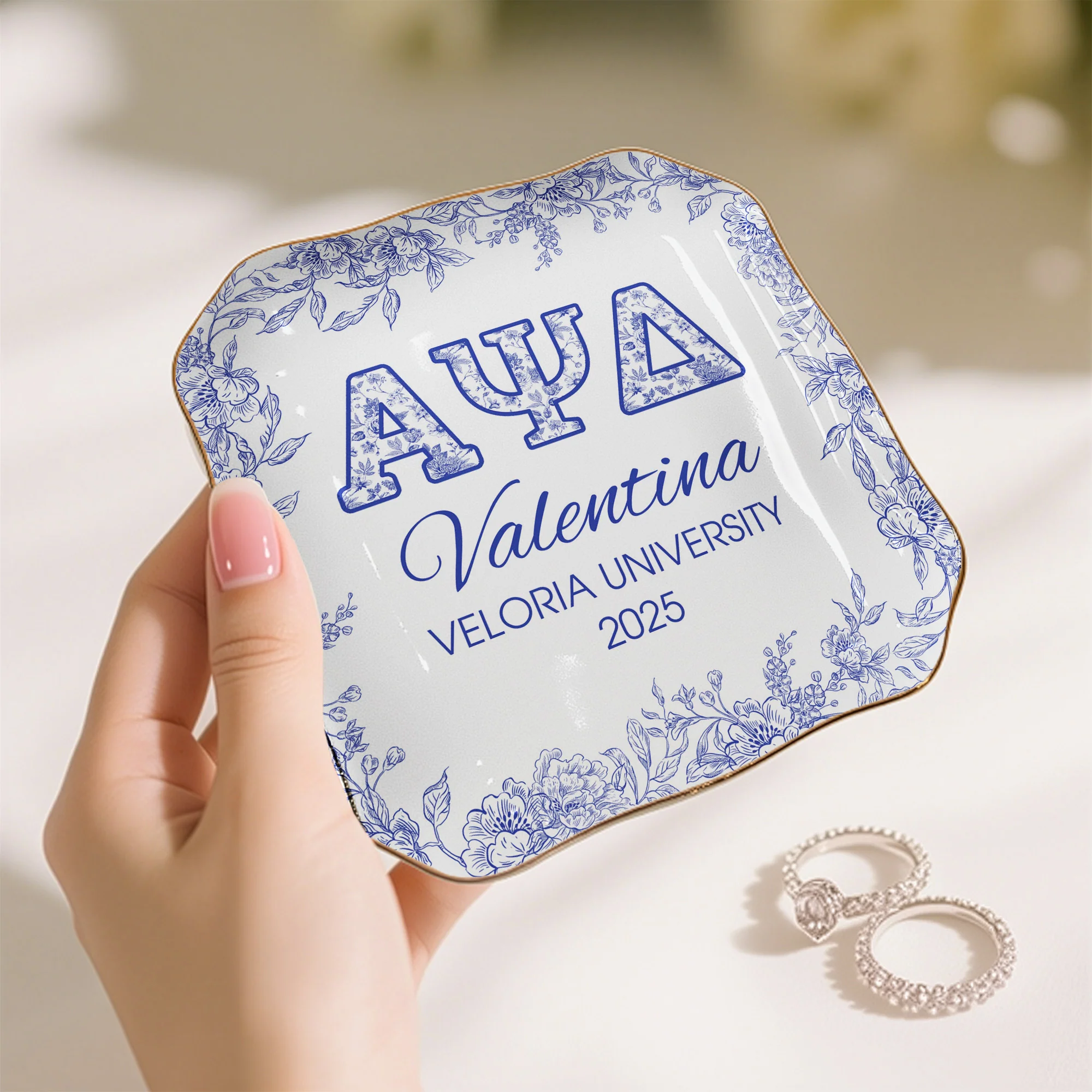 Sorority Girl Gift Custom Name Toile De Jouy - Personalized Jewelry Dish - Image 3
