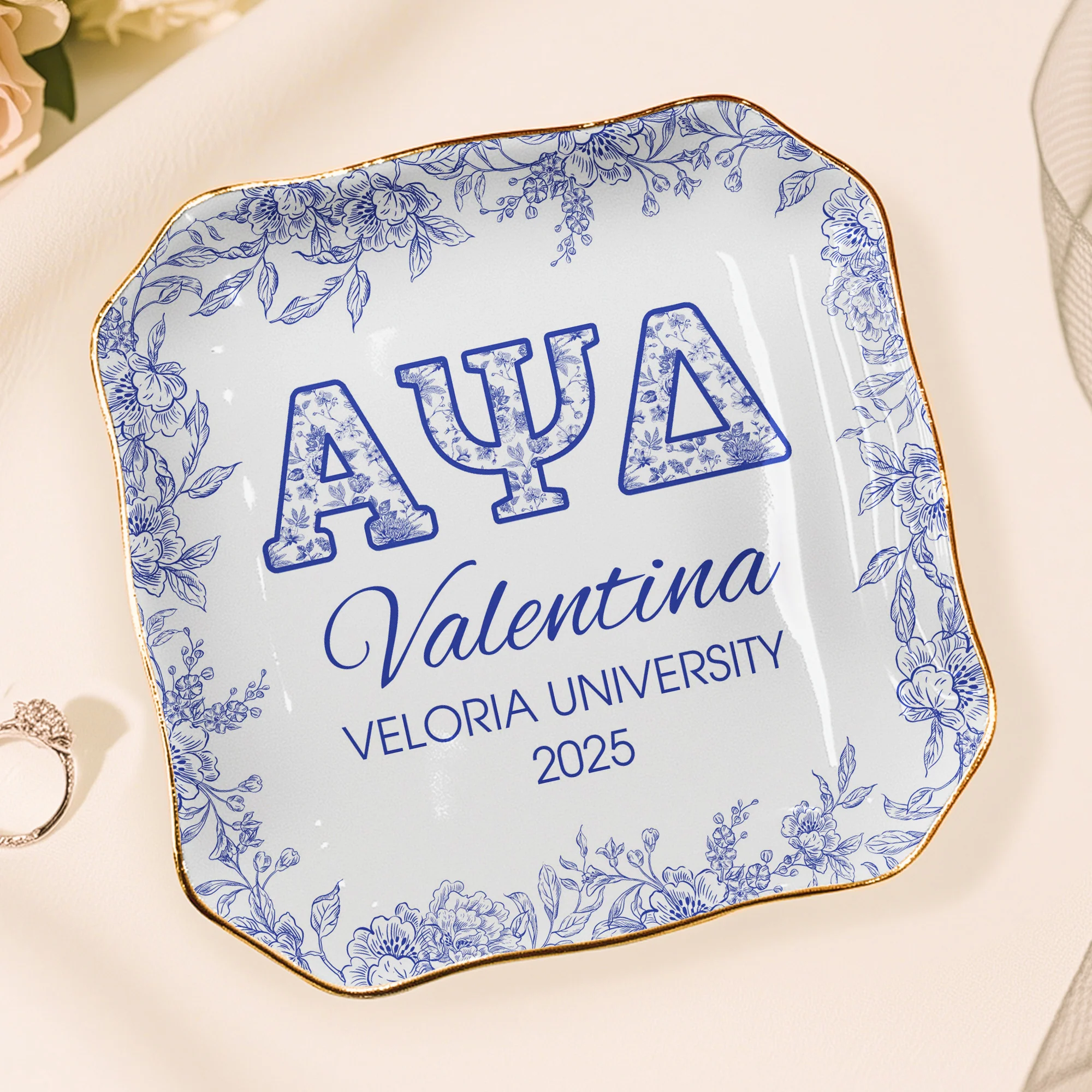 Sorority Girl Gift Custom Name Toile De Jouy - Personalized Jewelry Dish - Image 4