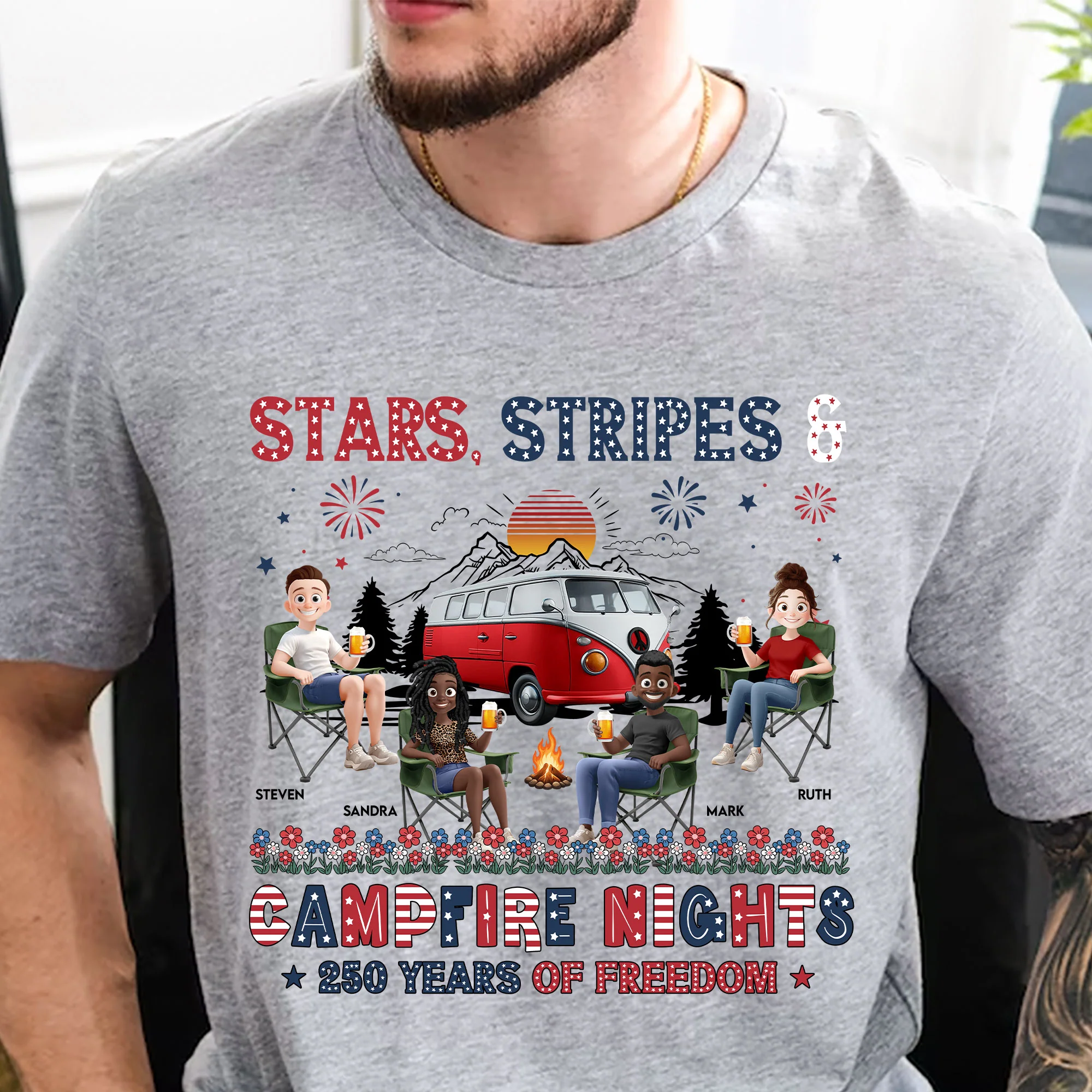 Stars Stripes & Campfire Nights 250 Years Of Freedom Camping Crew - Personalized Shirt - Image 2