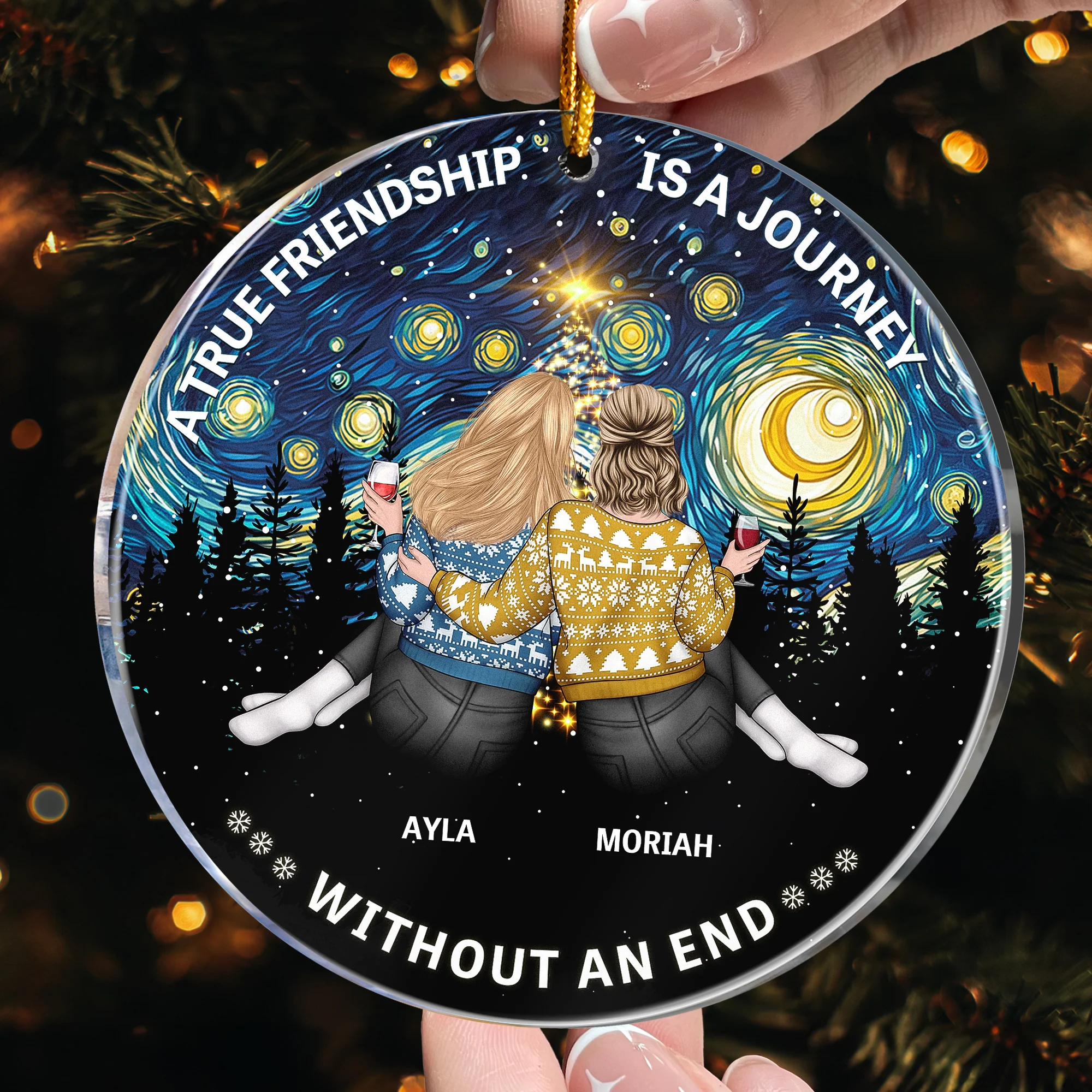 Starry Night Friends Sitting Together - Personalized Acrylic Ornament - Image 2