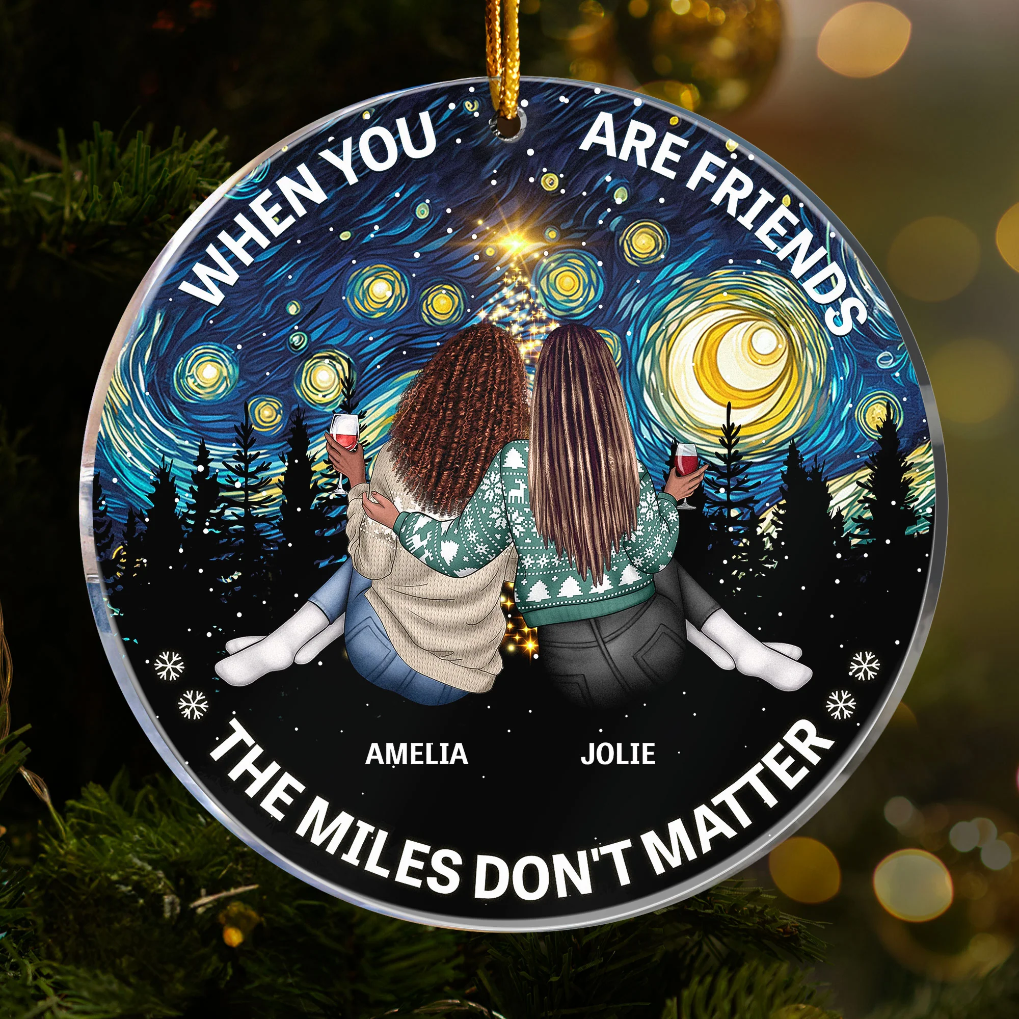 Starry Night Friends Sitting Together - Personalized Acrylic Ornament - Image 3