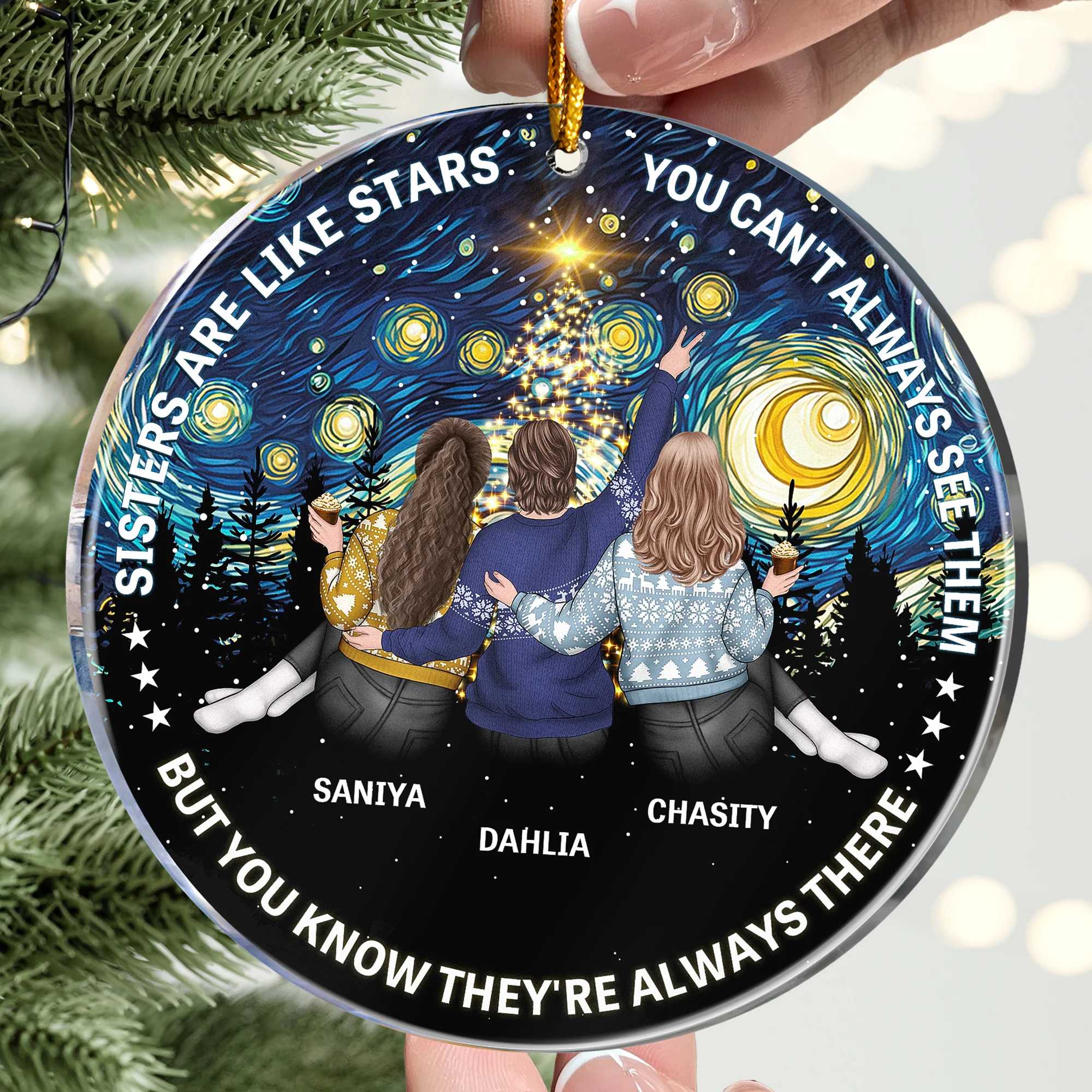 Starry Night Sisters Sitting Together - Personalized Acrylic Ornament - Image 2