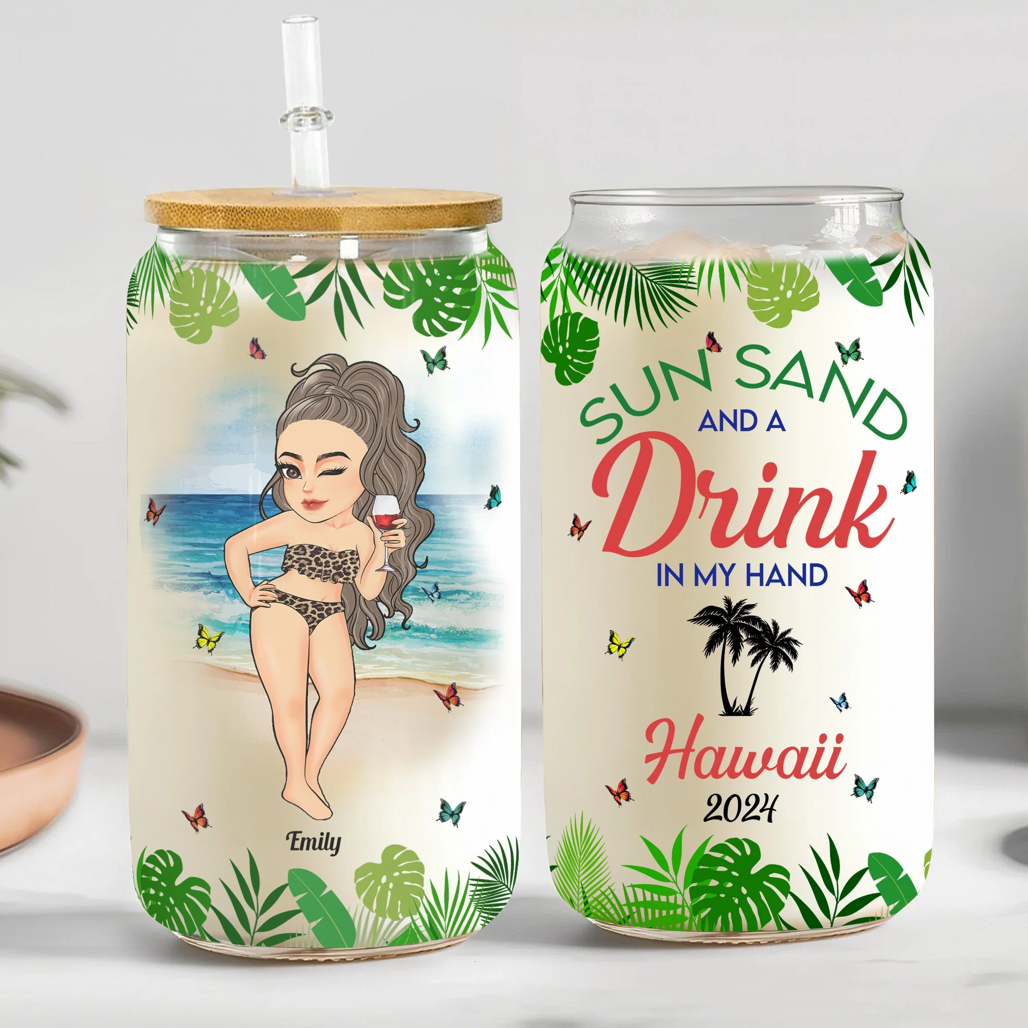 Sun Sand And A Drink In My Hand Summer Friend Trip - Personalized Clear Glass Cup - Image 2