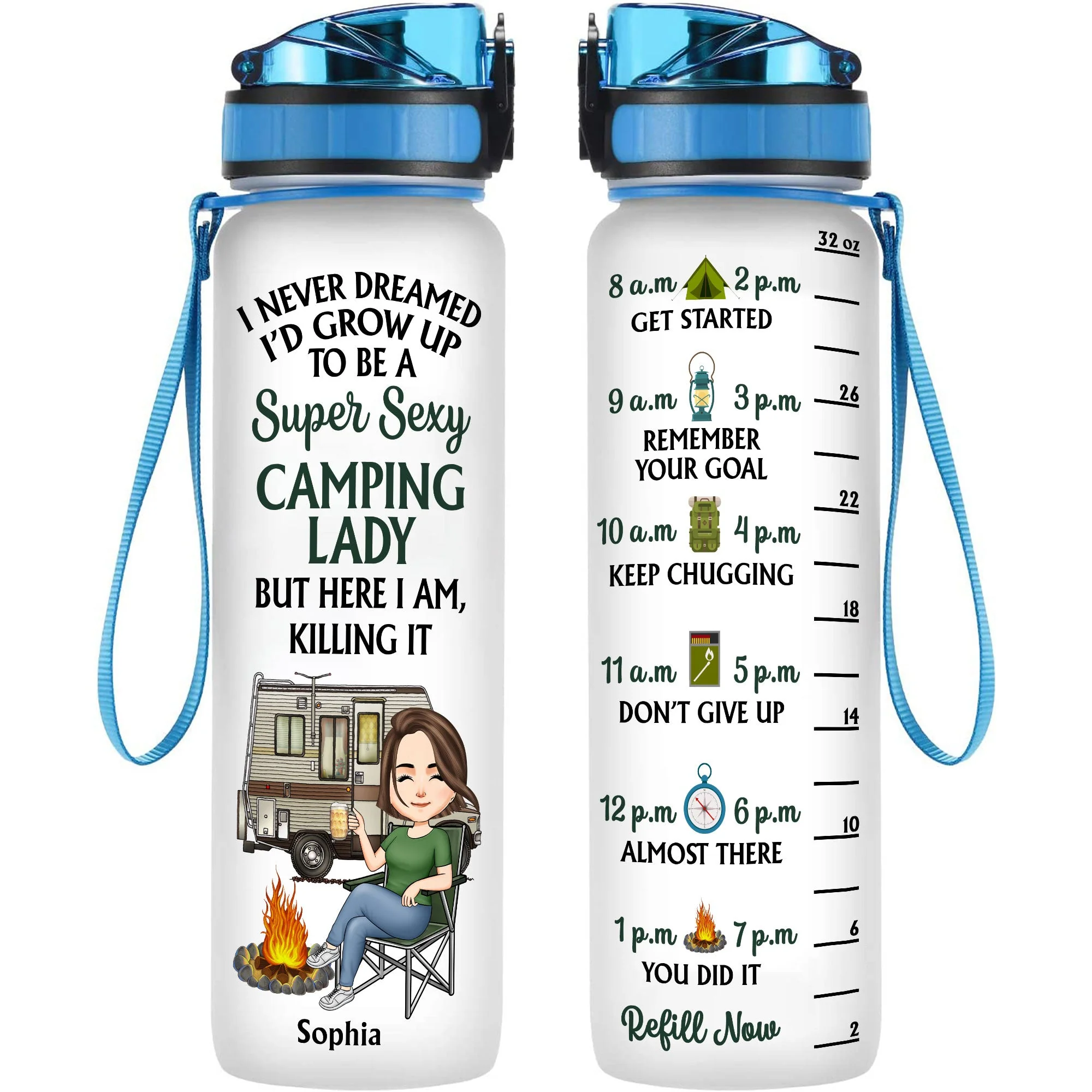 Super Sexy Camping Lady - Personalized Water Bottle With Time Marker - Birthday, Funny, Summer Gift For Her, Woman, Camping Lady, Camping Lover