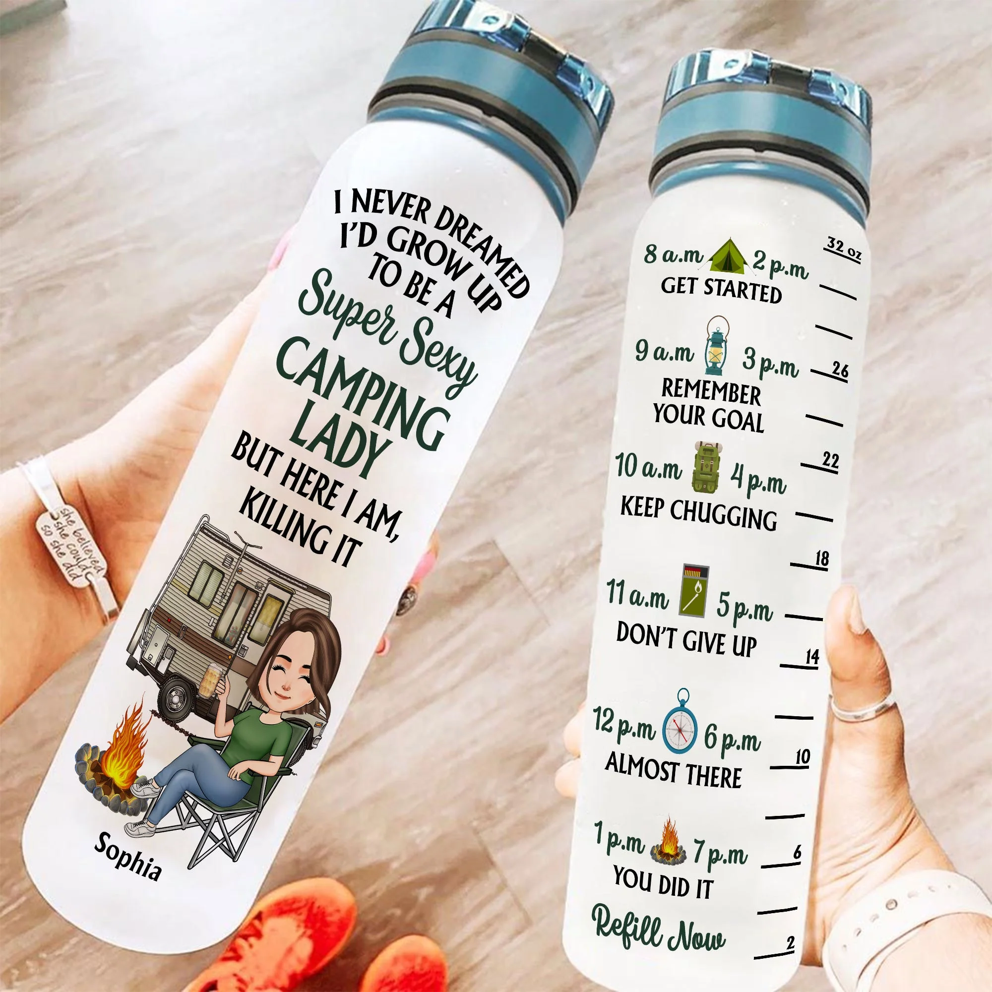 Super Sexy Camping Lady - Personalized Water Bottle With Time Marker - Birthday, Funny, Summer Gift For Her, Woman, Camping Lady, Camping Lover - Image 2