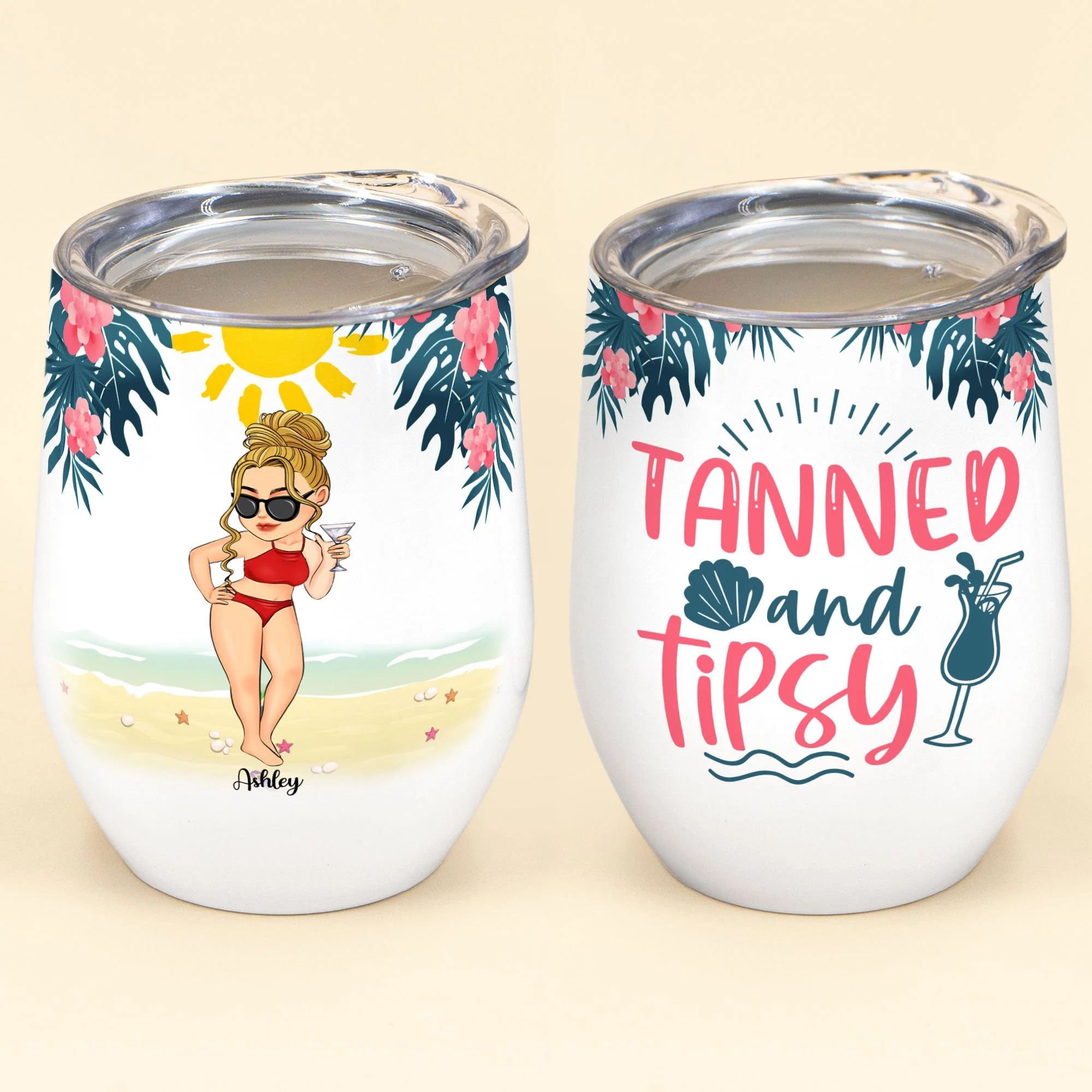Tanned And Tipsy New Version - Personalized Wine Tumbler - Birthday, Funny, Summer Gift For Her, Girl, Woman, Beach Lovers - Image 2