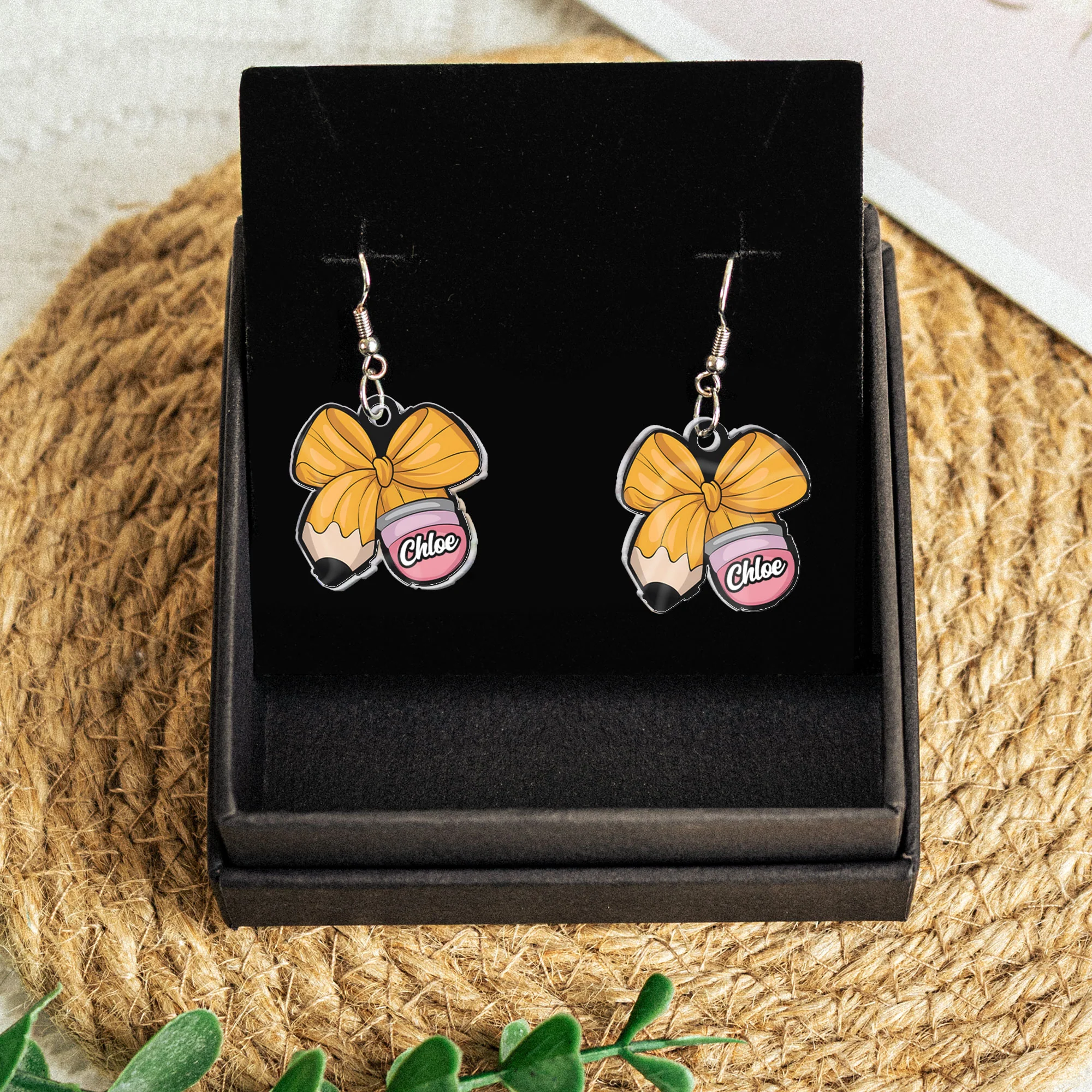 Teacher Gift Custom Name Pencil Crayon Bow - Personalized Acrylic Earrings - Image 5