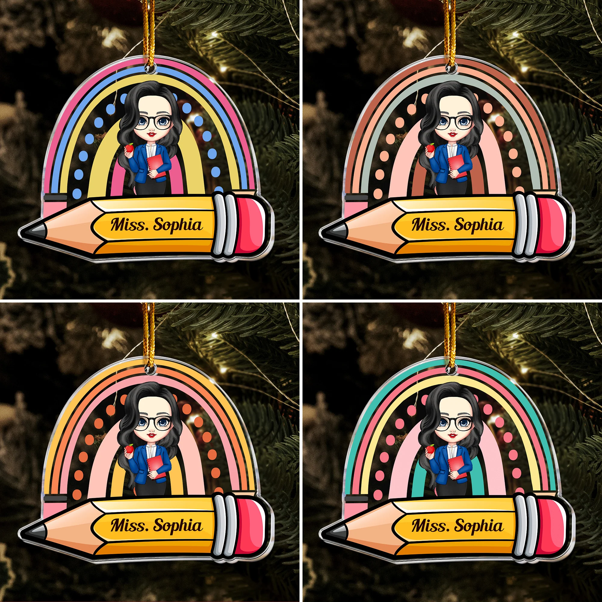 Teacher With Pencil And Boho Rainbow Christmas Ornament - Personalized Acrylic Ornament - Image 4