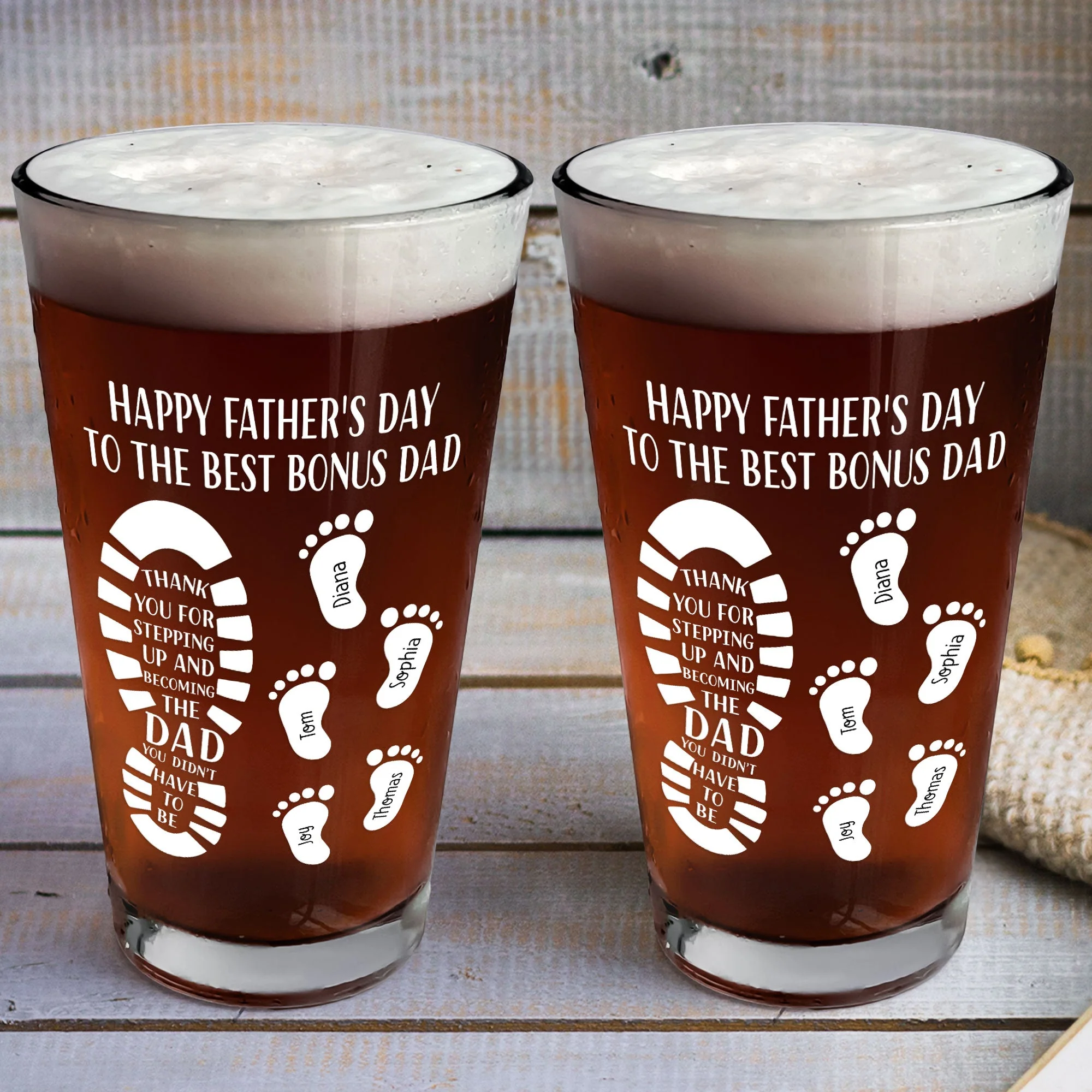 Thank You For Stepping Up And Becoming The Dad - Personalized Beer Glass - Image 3