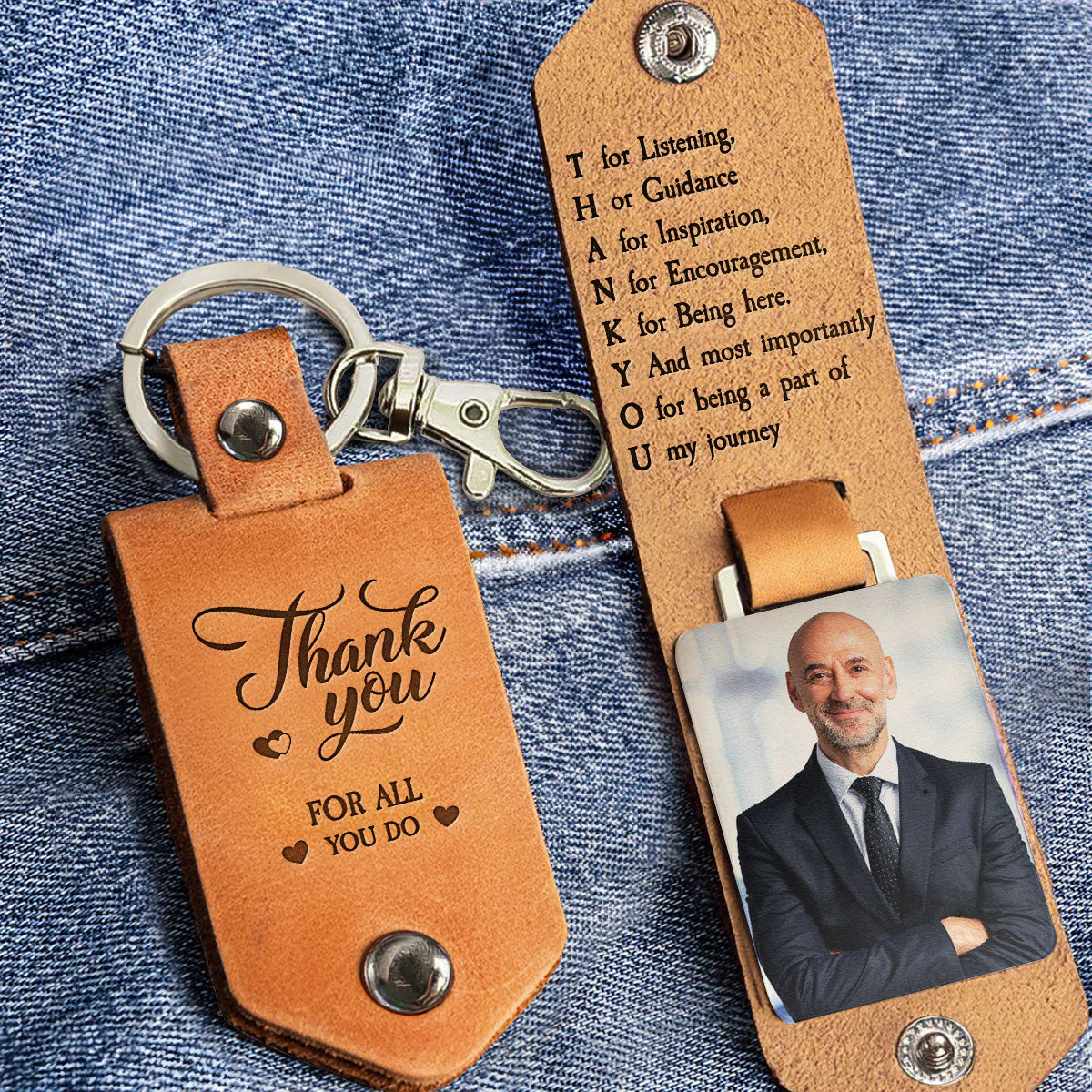 Thank You Gifts For Coworker Colleague Leaving - Personalized Leather Photo Keychain - Image 2