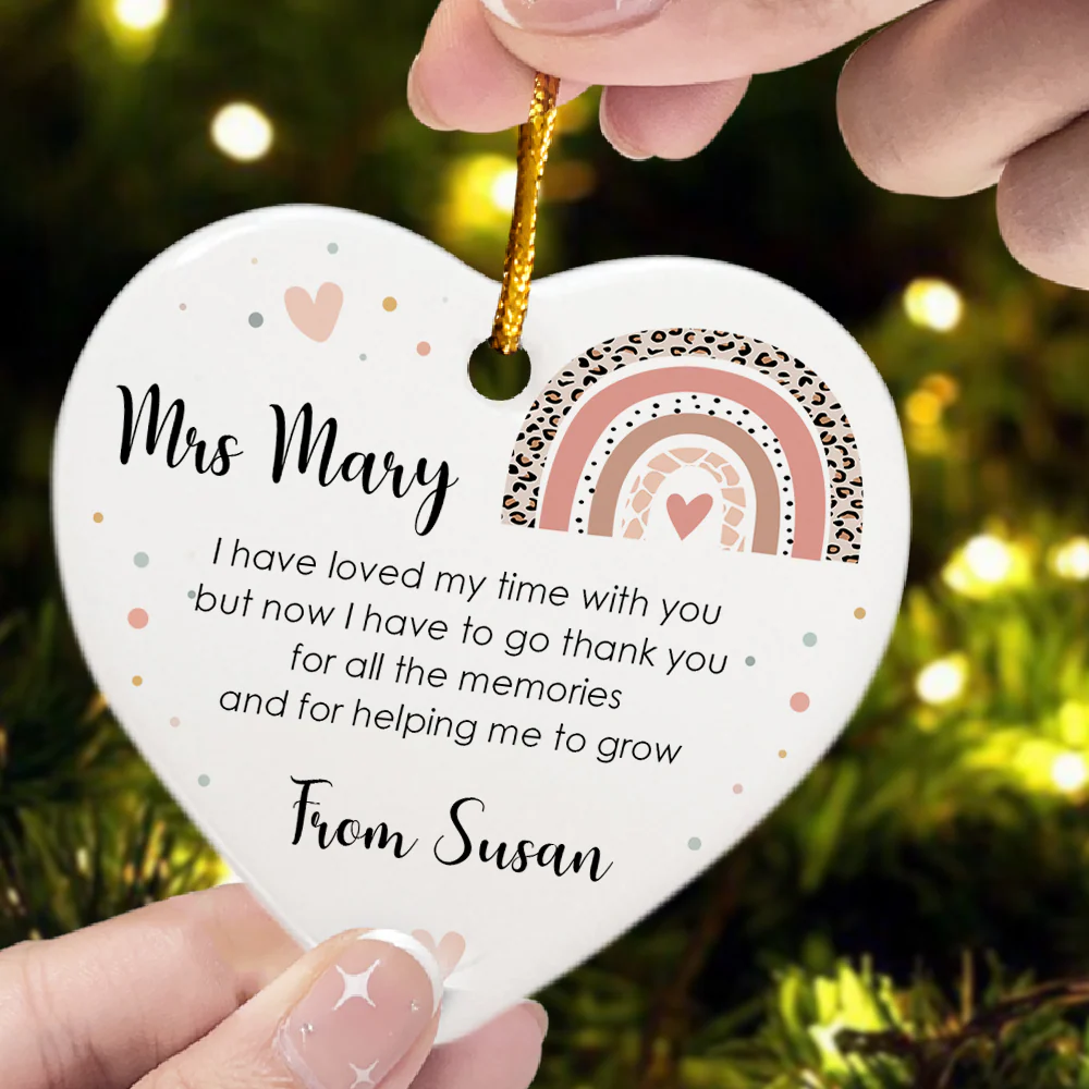 Thank You Teacher Boho Rainbow - Personalized Heart Shaped Ceramic Ornament - Image 2
