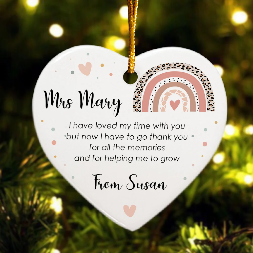 Thank You Teacher Boho Rainbow - Personalized Heart Shaped Ceramic Ornament - Image 3