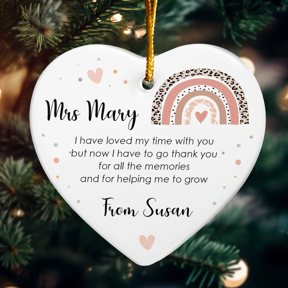 Thank You Teacher Boho Rainbow - Personalized Heart Shaped Ceramic Ornament - Image 4
