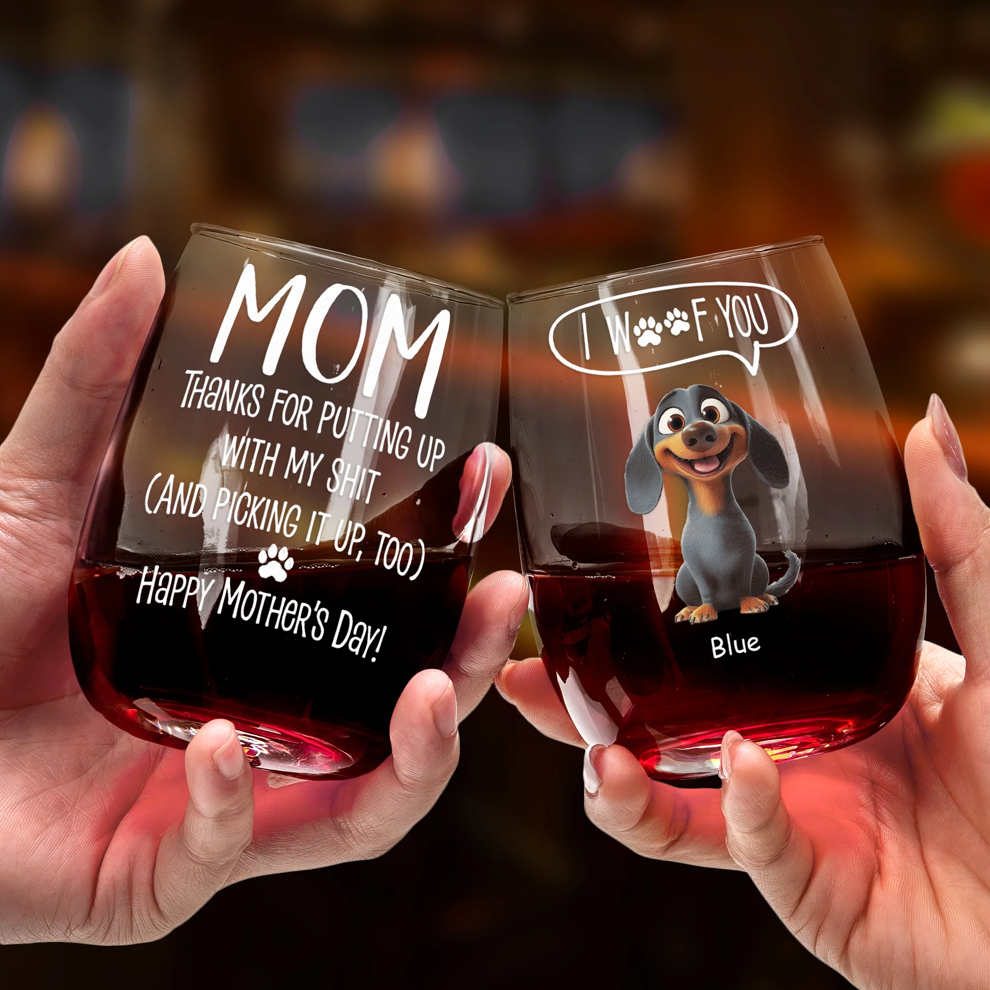 Thanks Mom I Woof You Dog Mom Gift - Personalized Stemless Wine Glass - Image 3